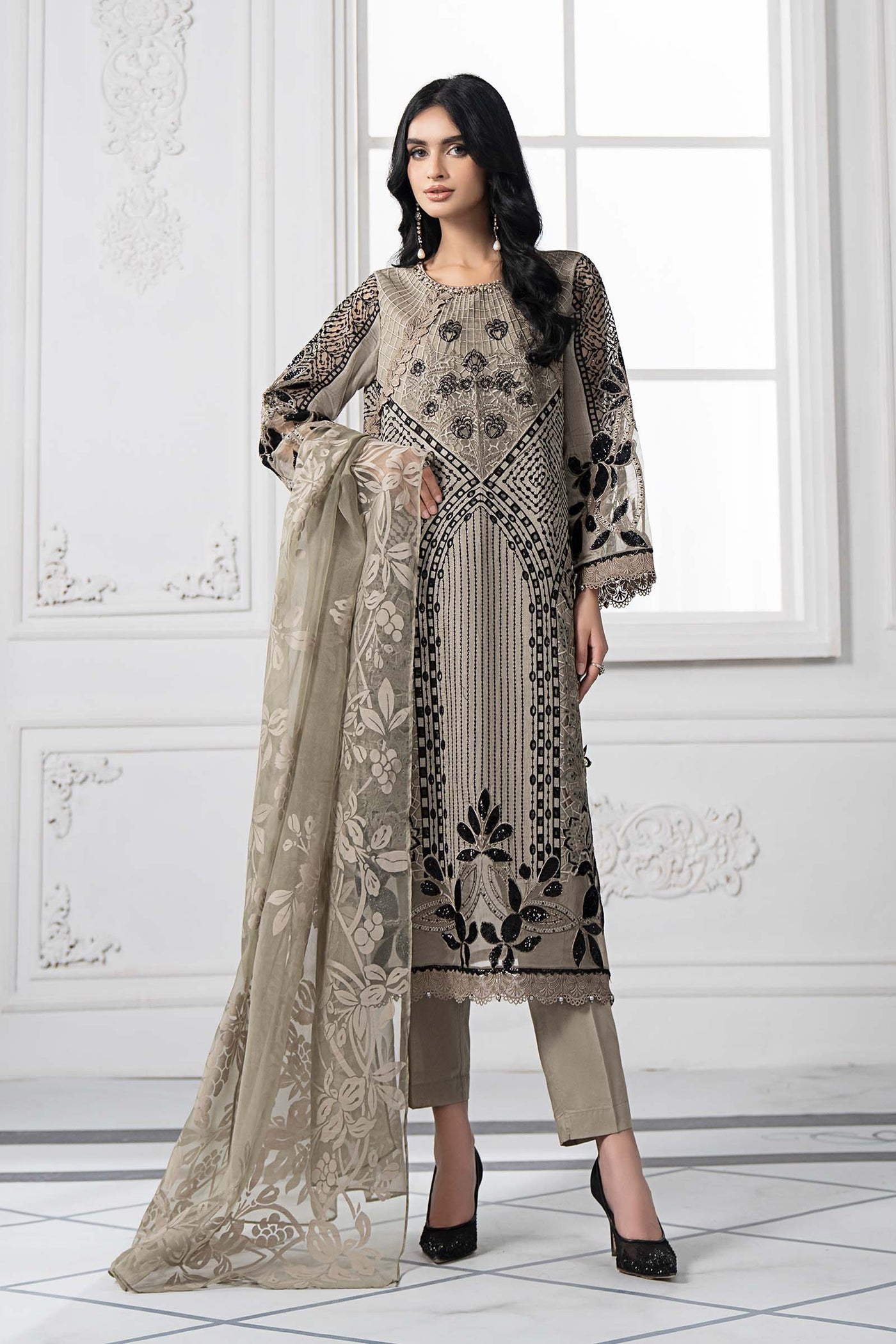 3 Piece Embroidered Paper Cotton Suit | DS-2510-B