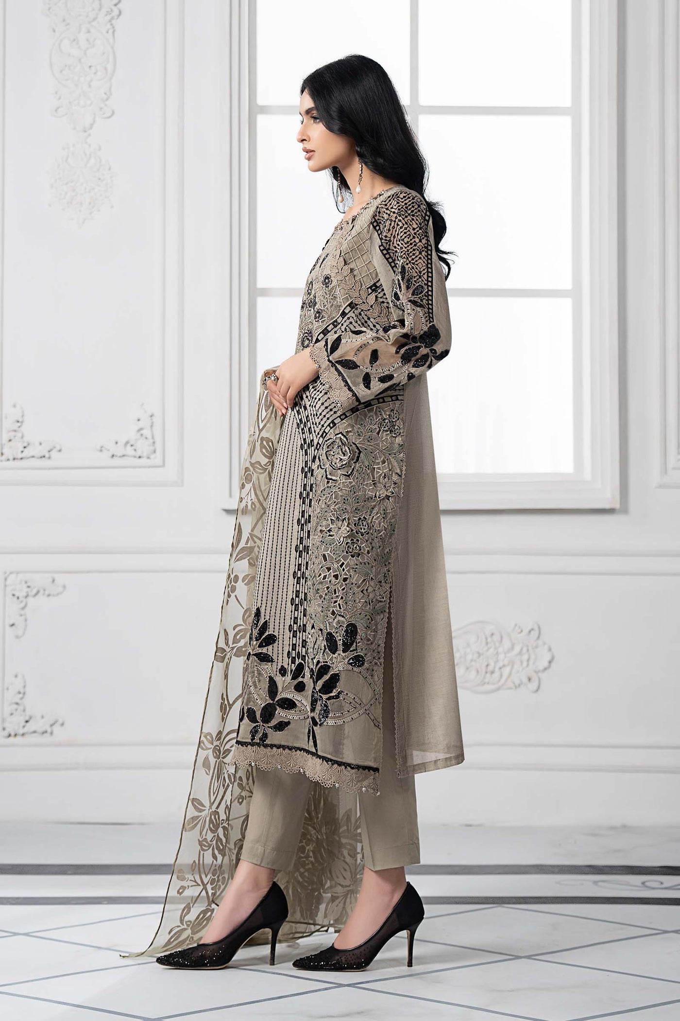 3 Piece Embroidered Paper Cotton Suit | DS-2510-B