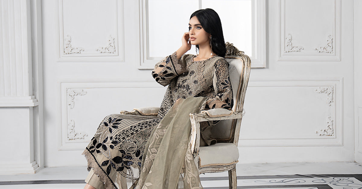 3 Piece Embroidered Paper Cotton Suit | DS-2510-B