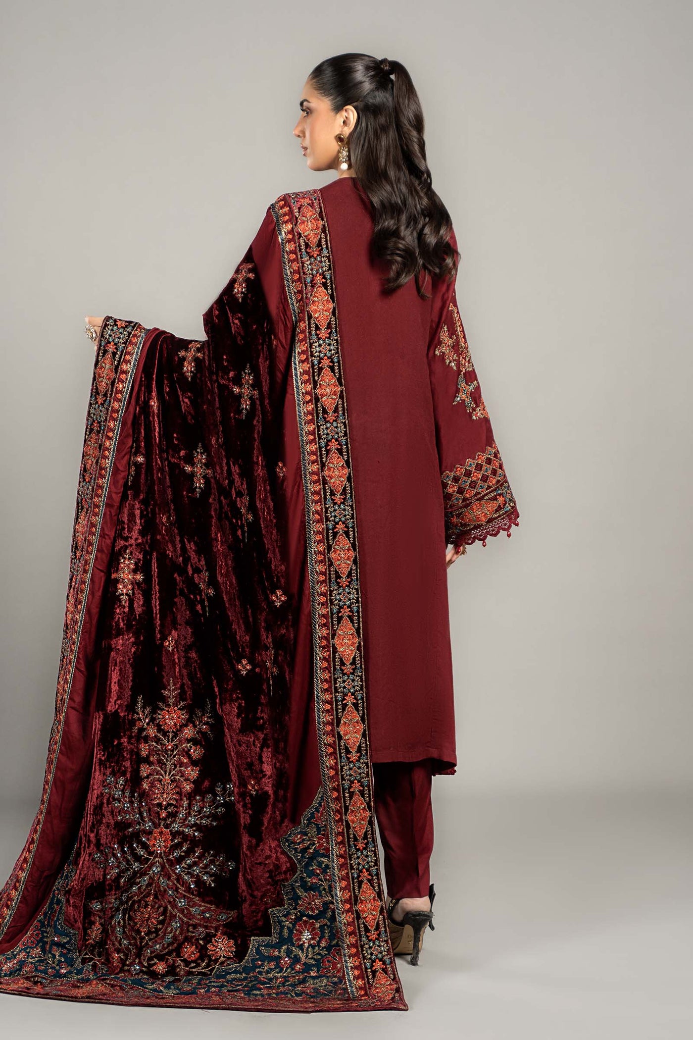 3 Piece Embroidered Twill Linen Suit | DLS-1210