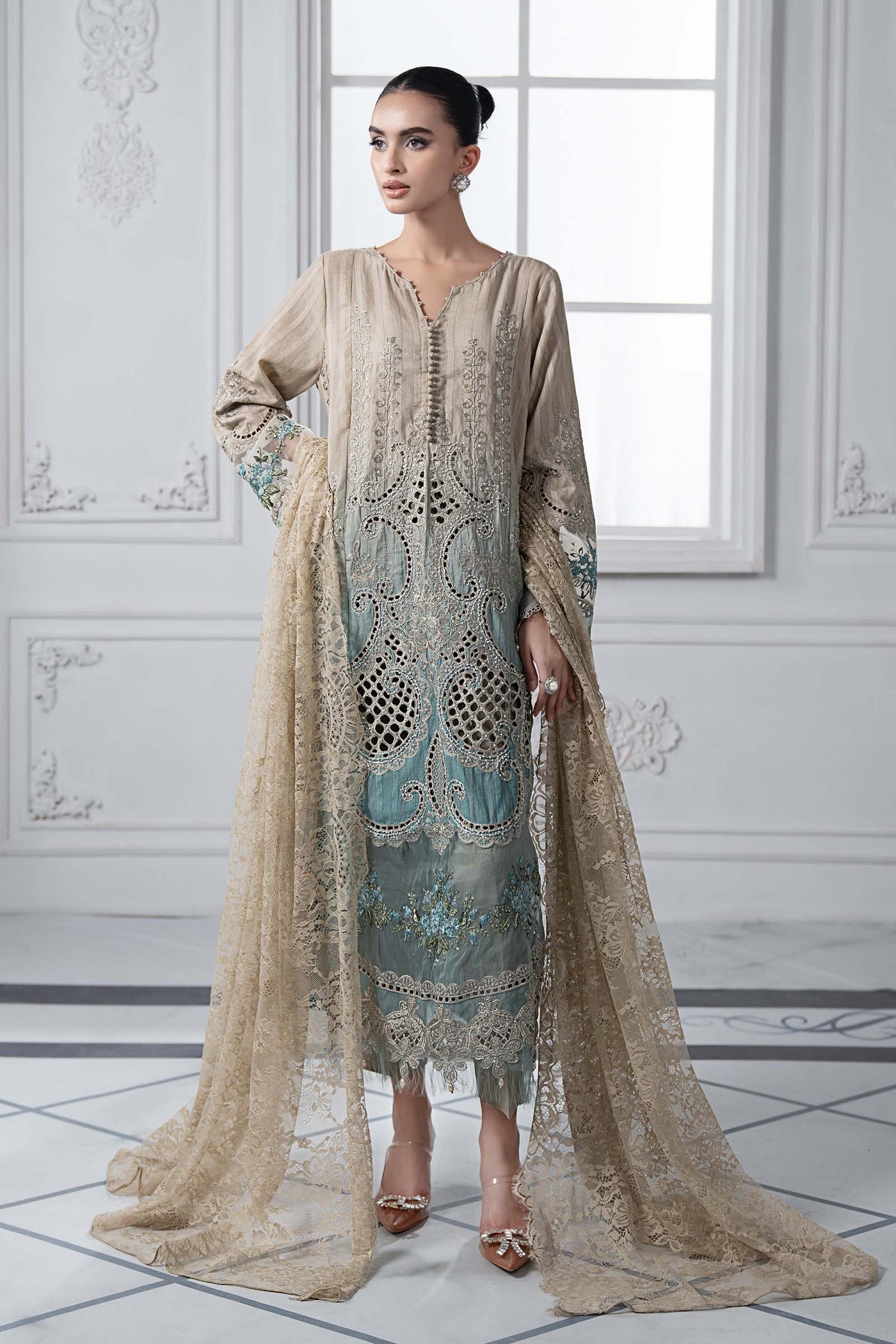 3 Piece Embroidered Dobby Lawn Suit | DS-2515-B