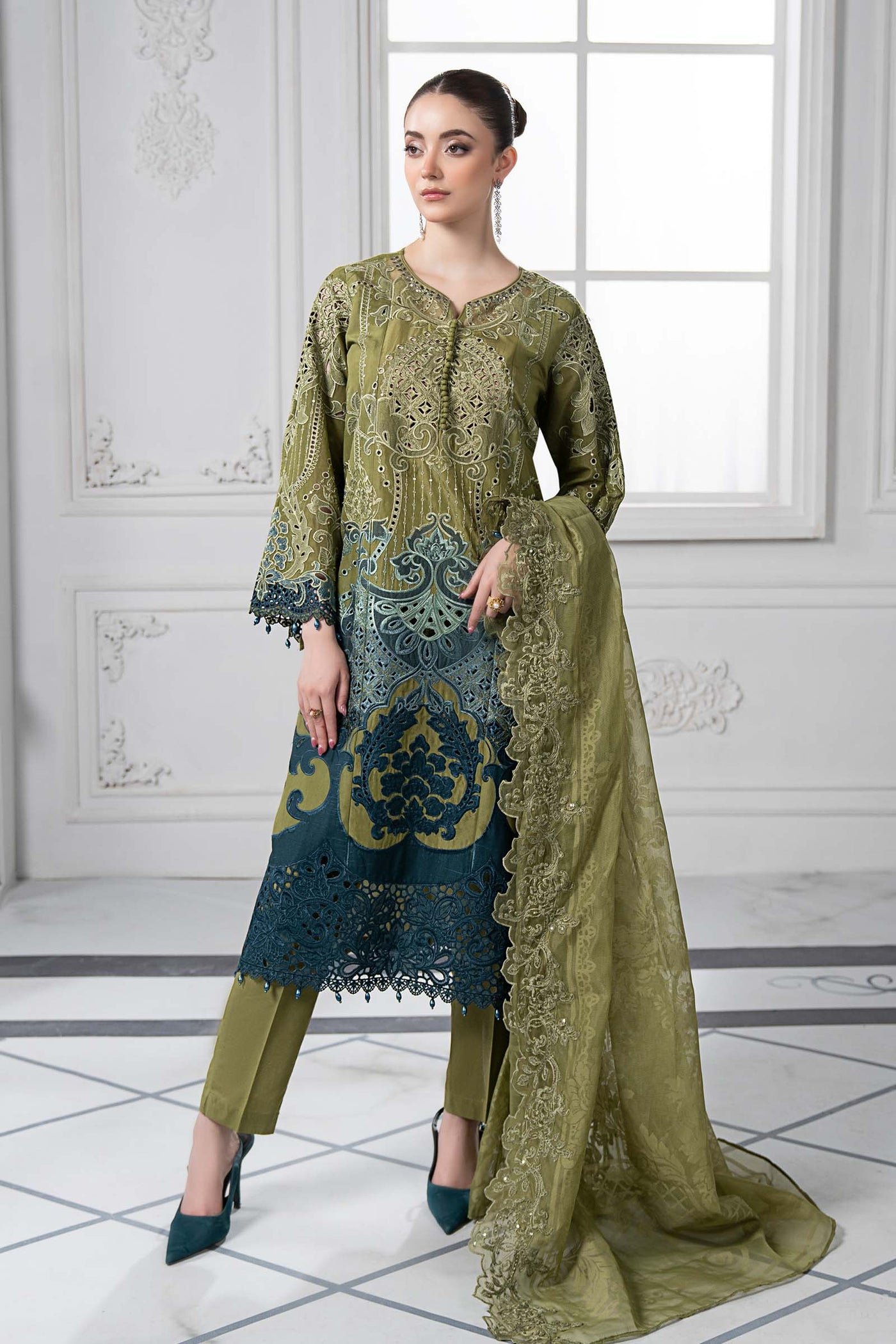 3 Piece Embroidered Paper Cotton Suit | DS-2501-A