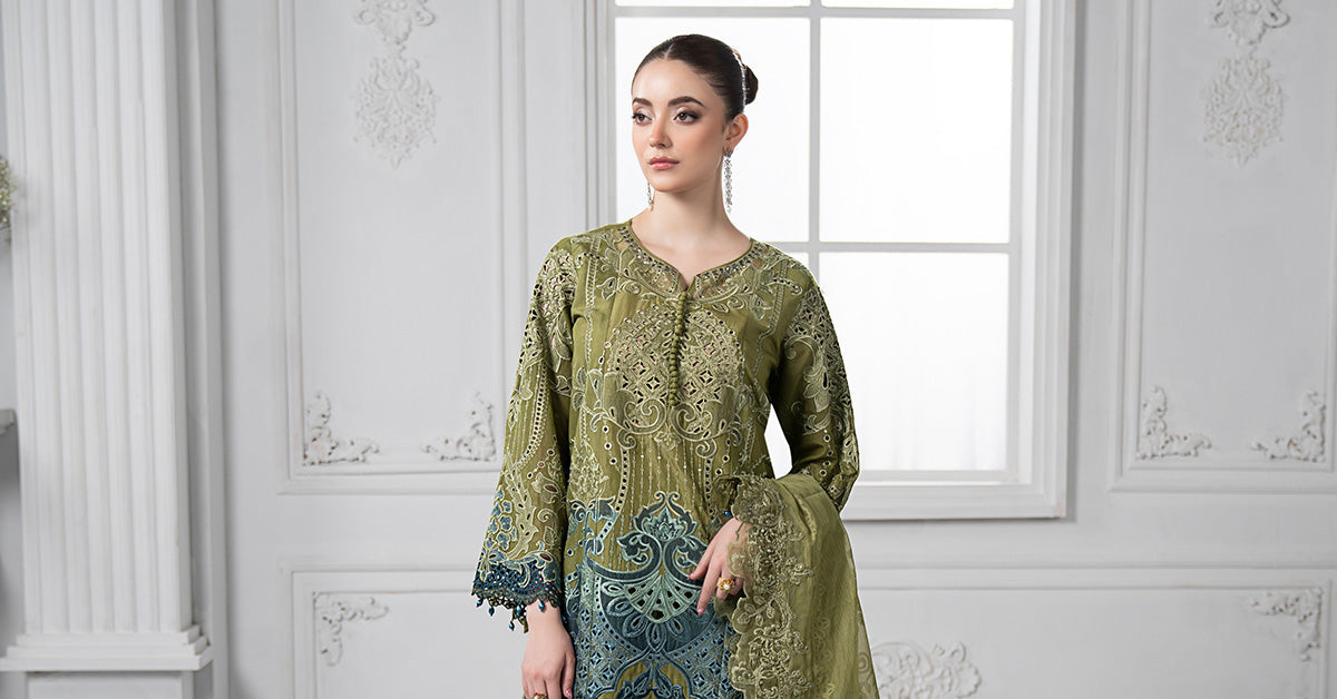 3 Piece Embroidered Paper Cotton Suit | DS-2501-A