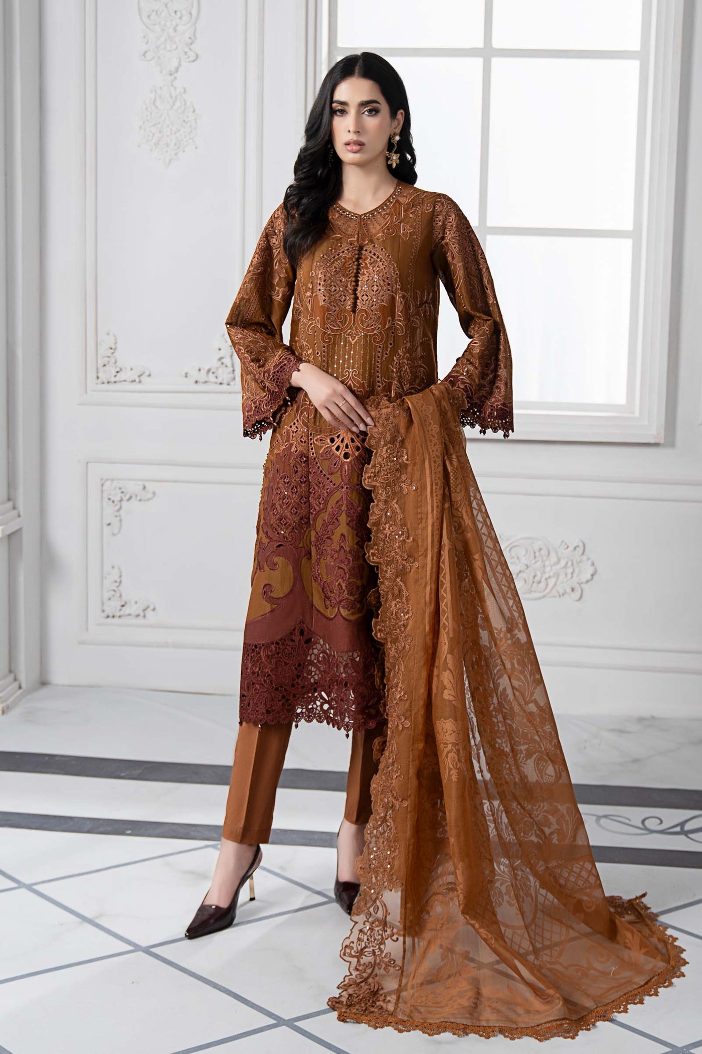 3 Piece Embroidered Paper Cotton Suit | DS-2501-B