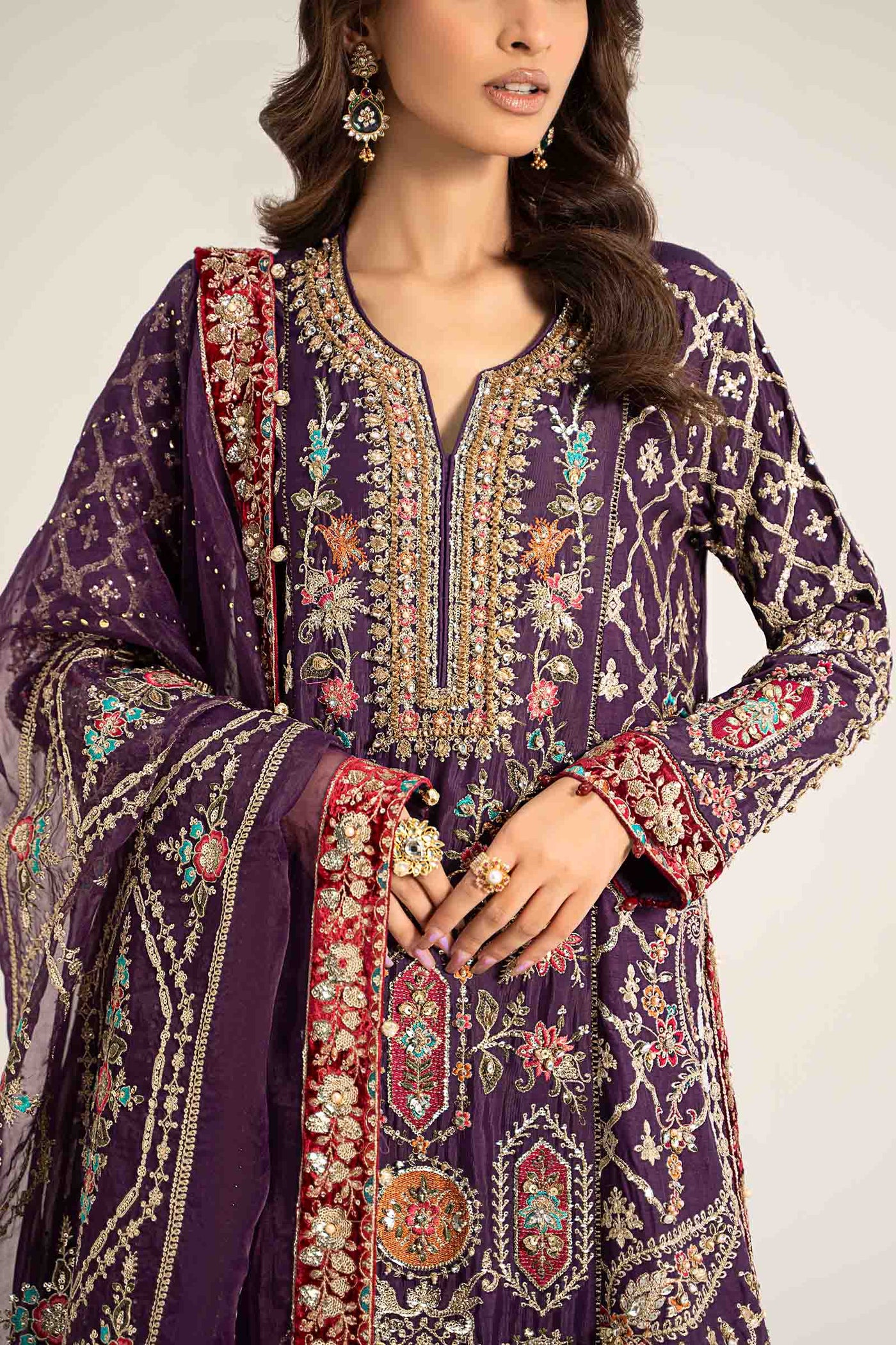 3 Piece Embroidered Raw Silk Suit | BDS-2903