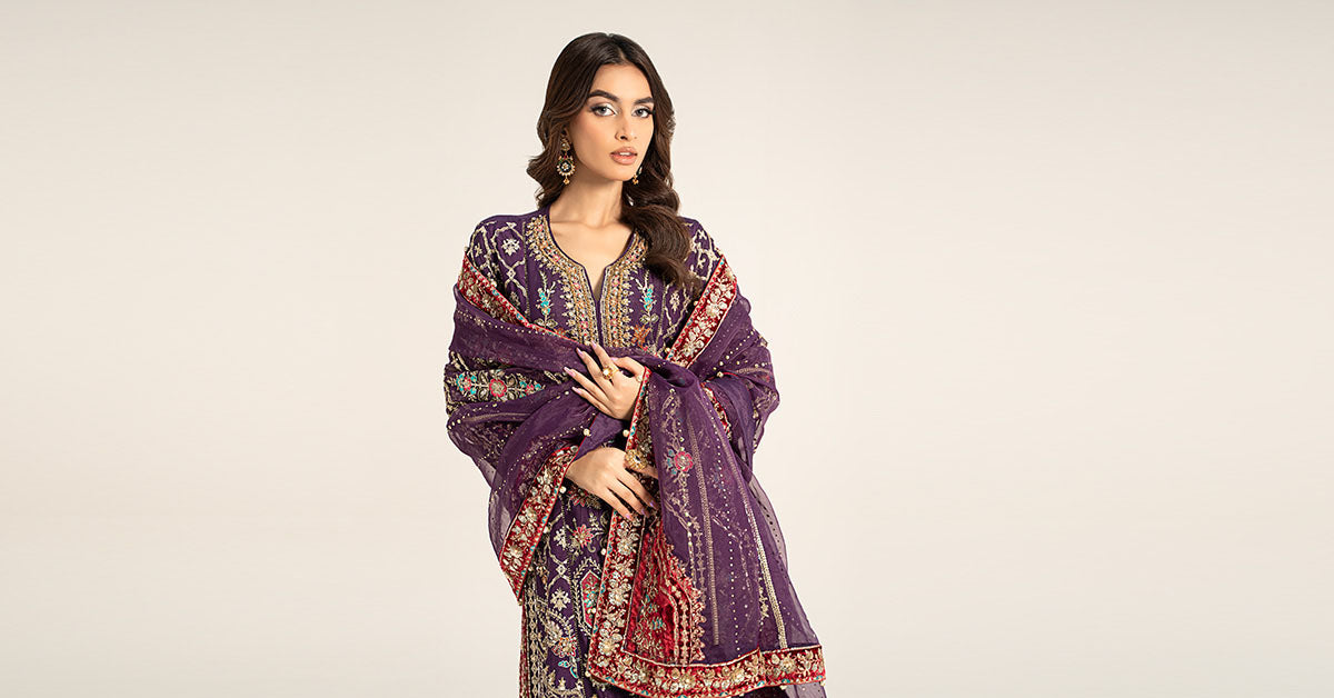 3 Piece Embroidered Raw Silk Suit | BDS-2903