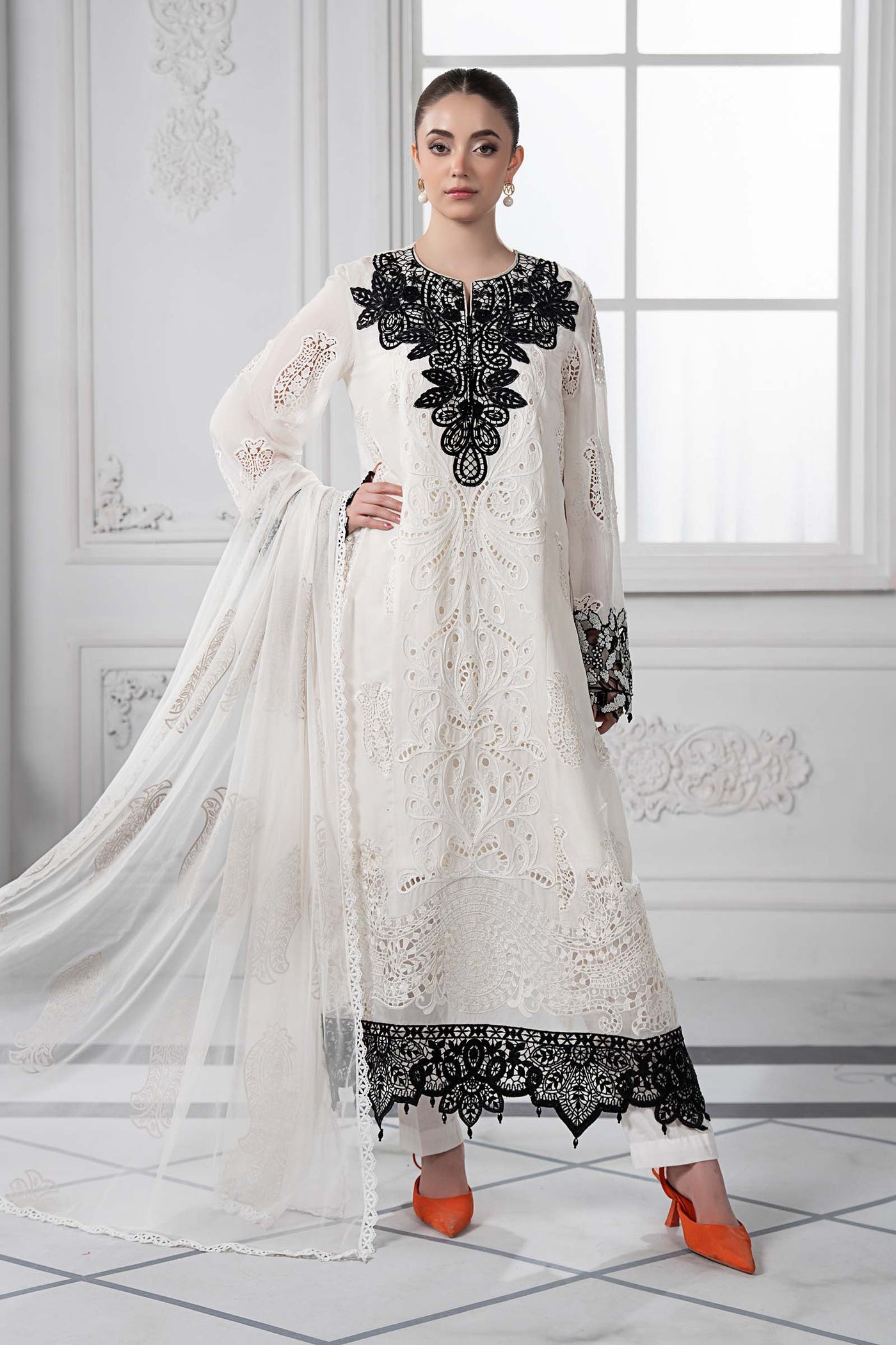 3 Piece Embroidered Paper Cotton Suit | DS-2505-A