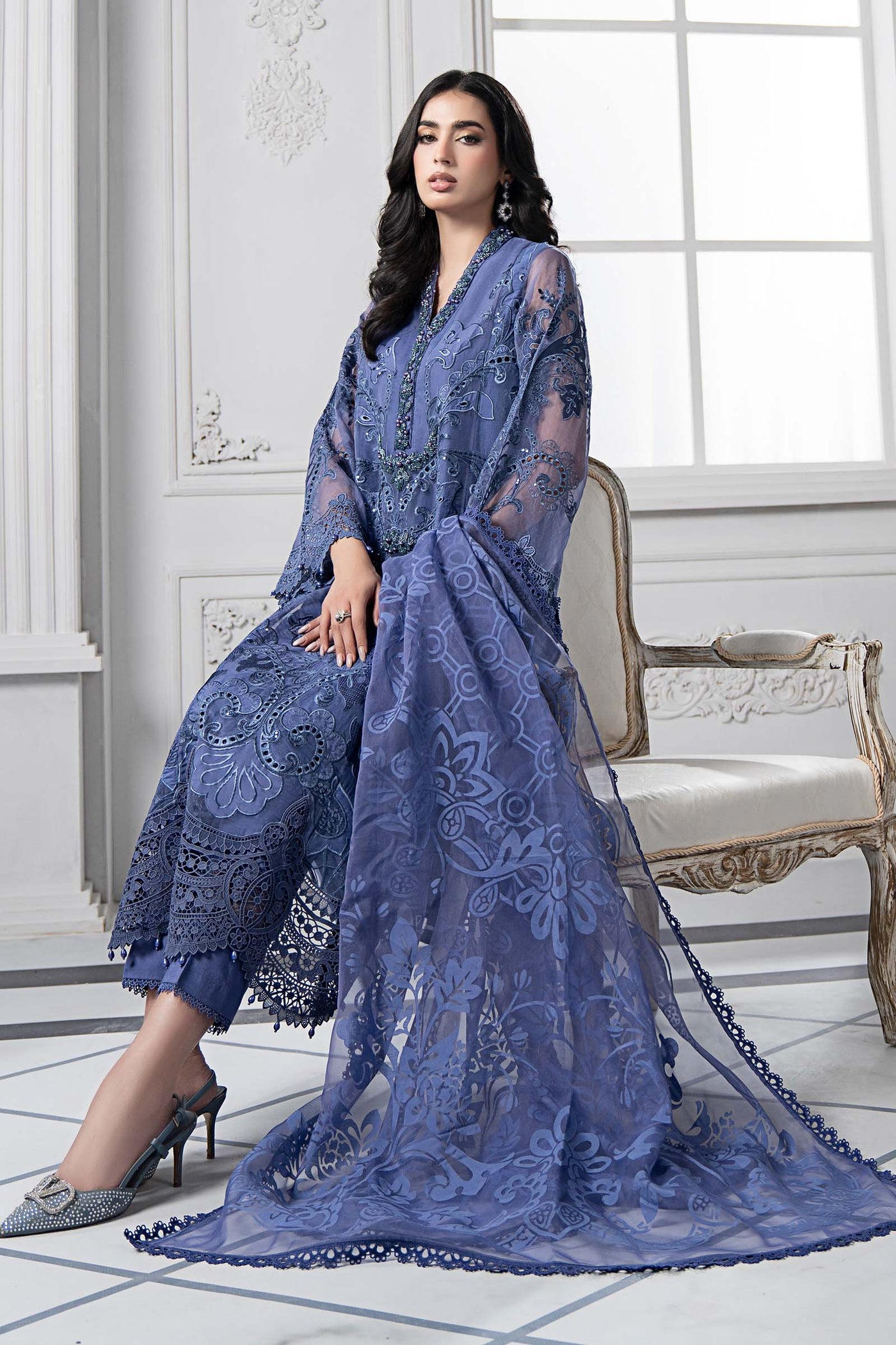 3 Piece Embroidered Organza Suit | DS-2506-B