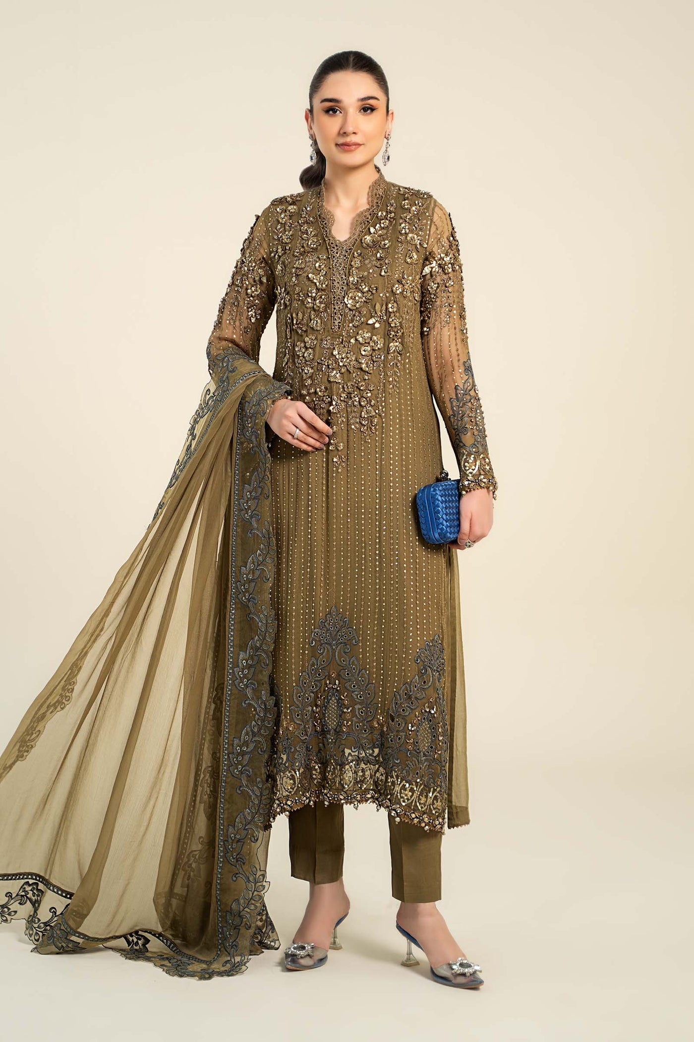 3 Piece Embroidered Chiffon Suit | MCS-24-108