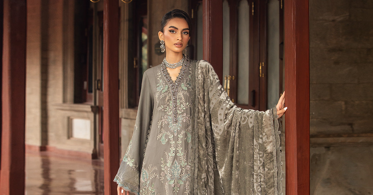 3 Piece Unstitched Embroidered Velvet Suit | DL-1209