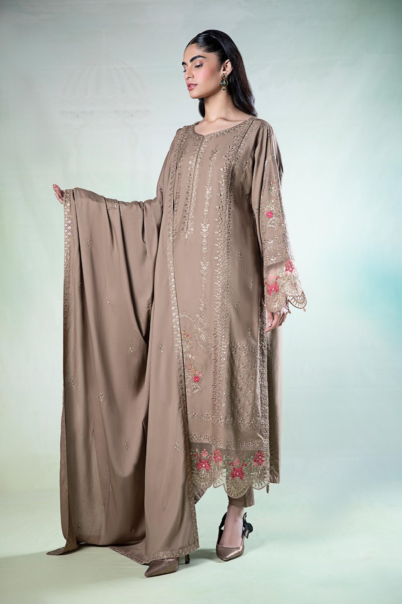 3 Piece Embroidered Linen Suit | DW-W24-65