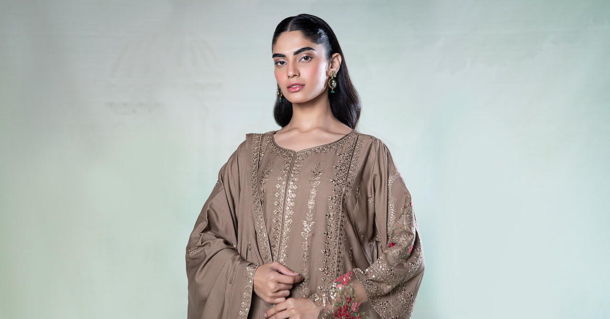 3 Piece Embroidered Linen Suit | DW-W24-65