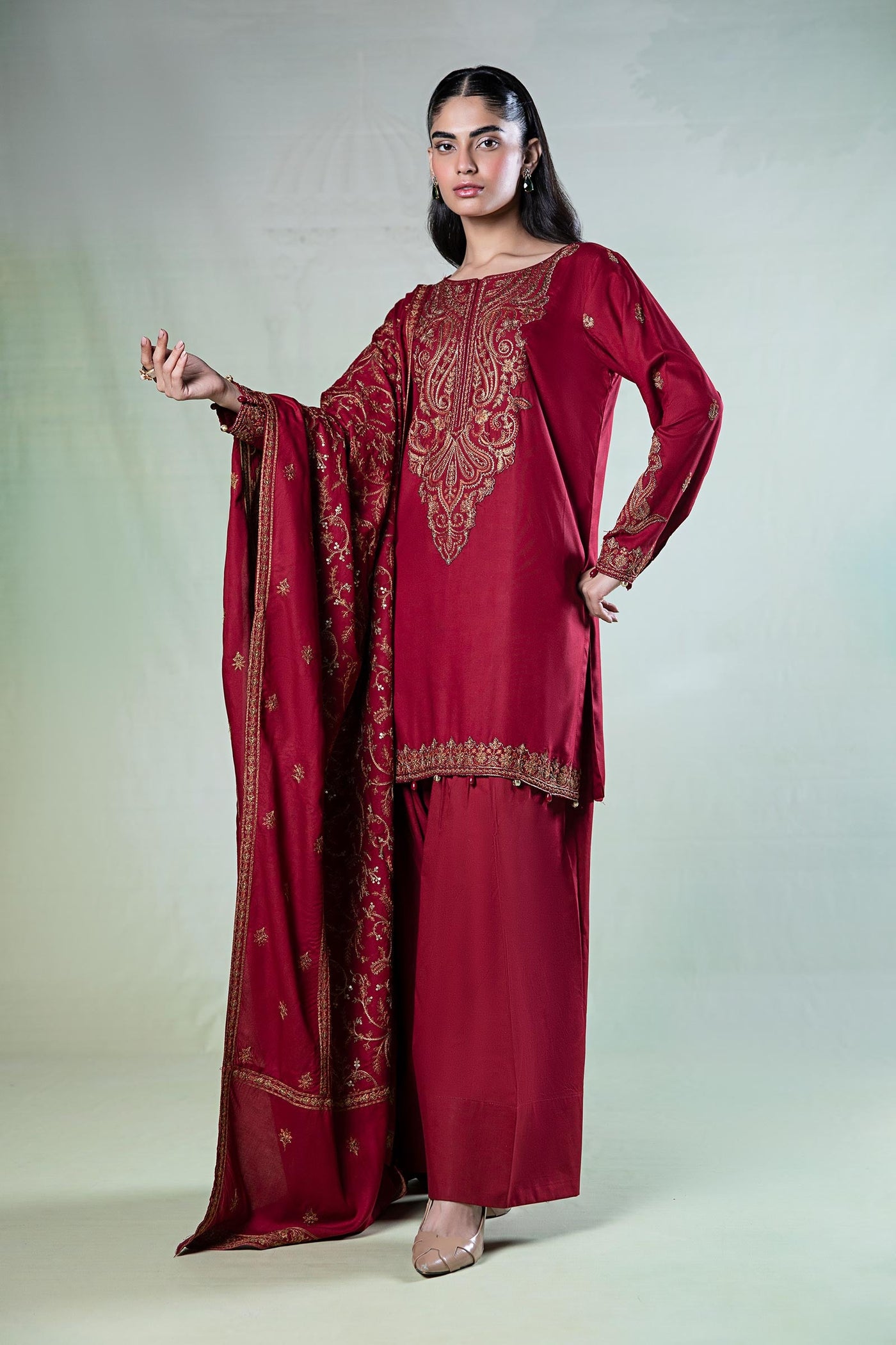 3 Piece Embroidered Linen Suit | DW-W24-80