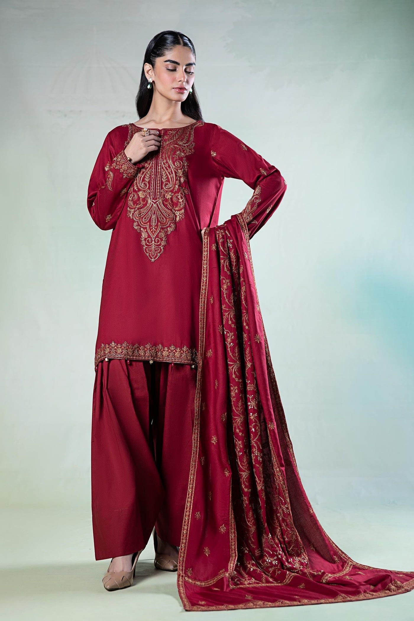 3 Piece Embroidered Linen Suit | DW-W24-80