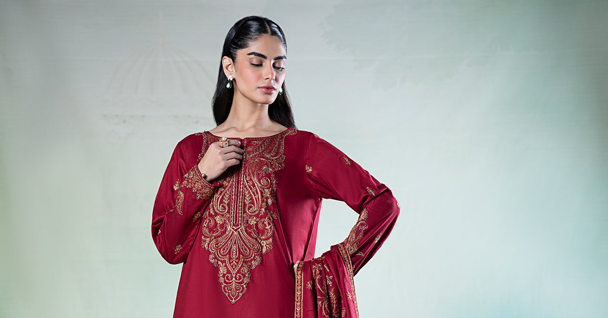 3 Piece Embroidered Linen Suit | DW-W24-80