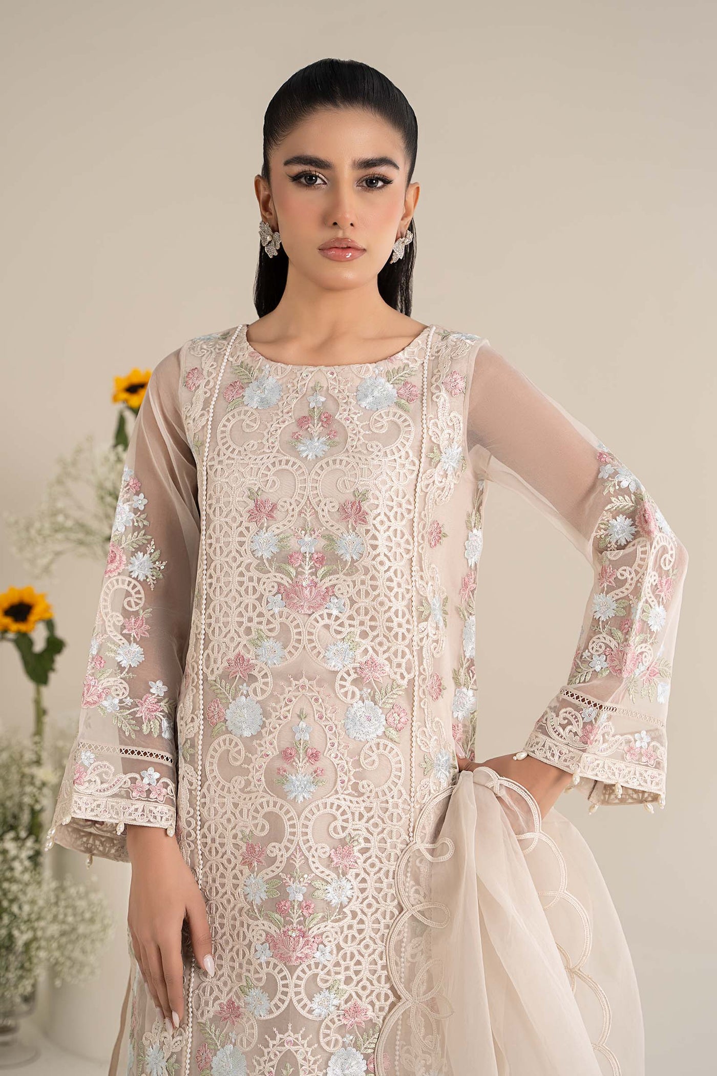 3 Piece Embroidered Organza Suit | DW-EF25-02