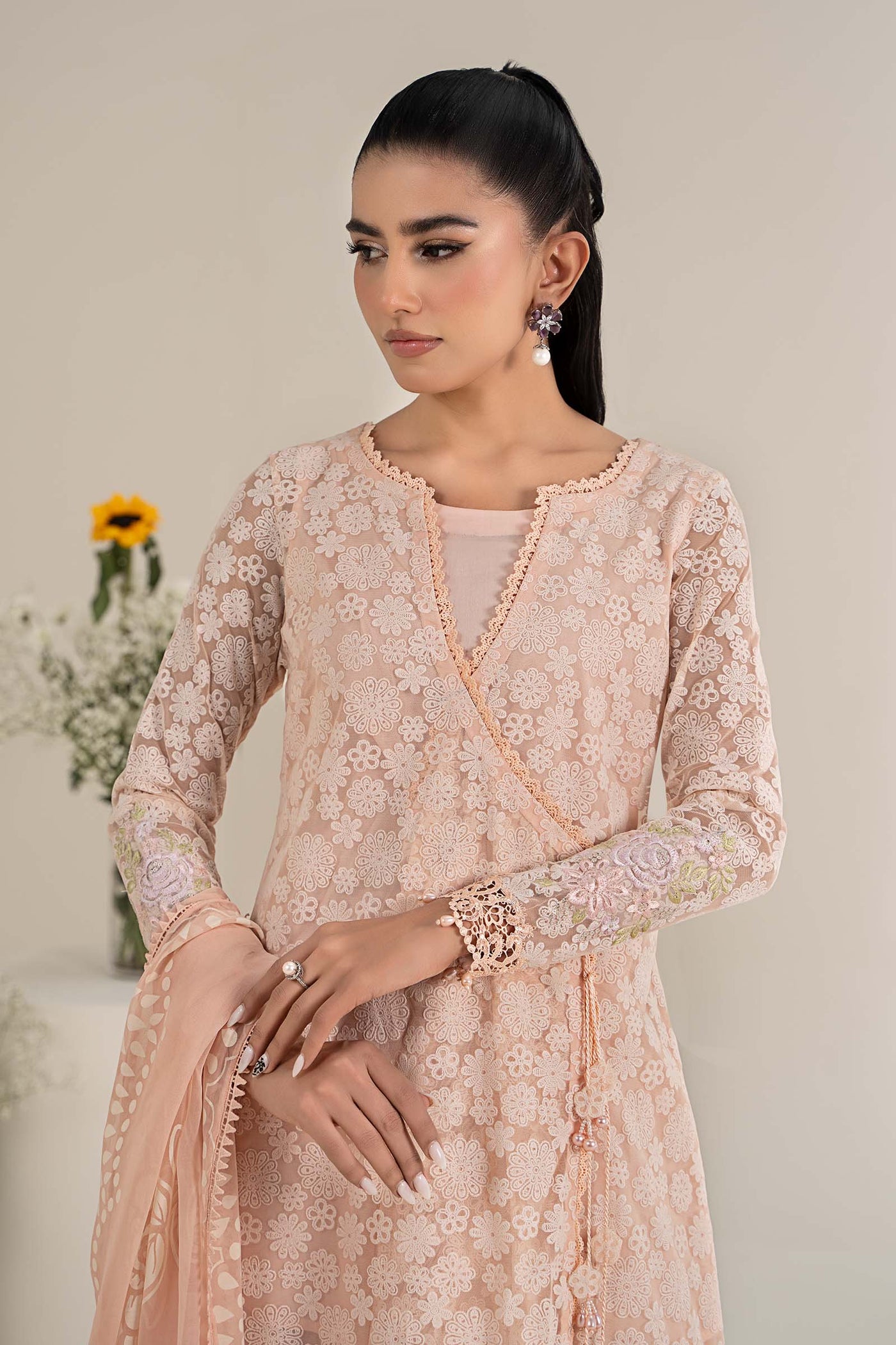 3 Piece Embroidered Polyester Net Suit | DW-EF25-100