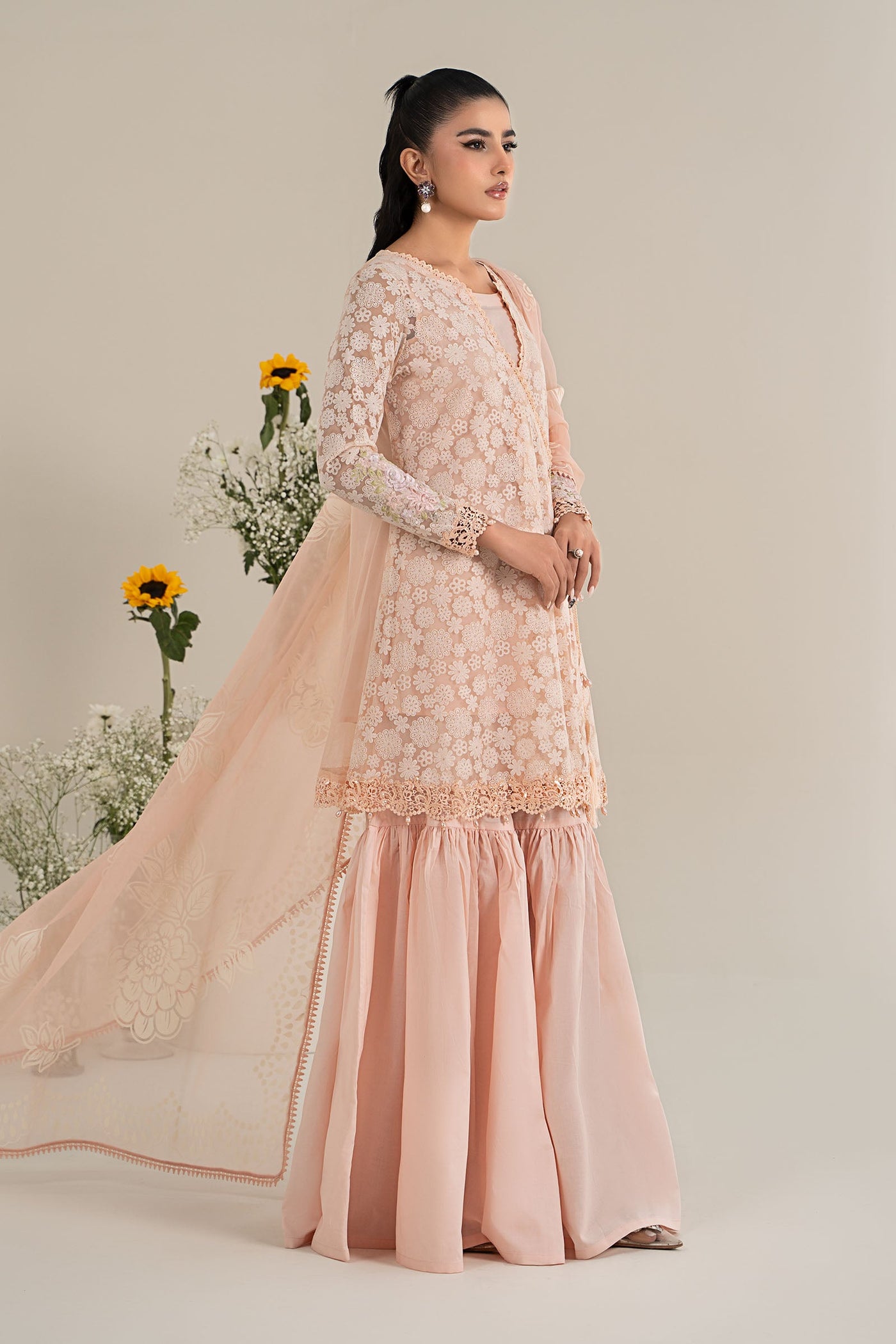 3 Piece Embroidered Polyester Net Suit | DW-EF25-100