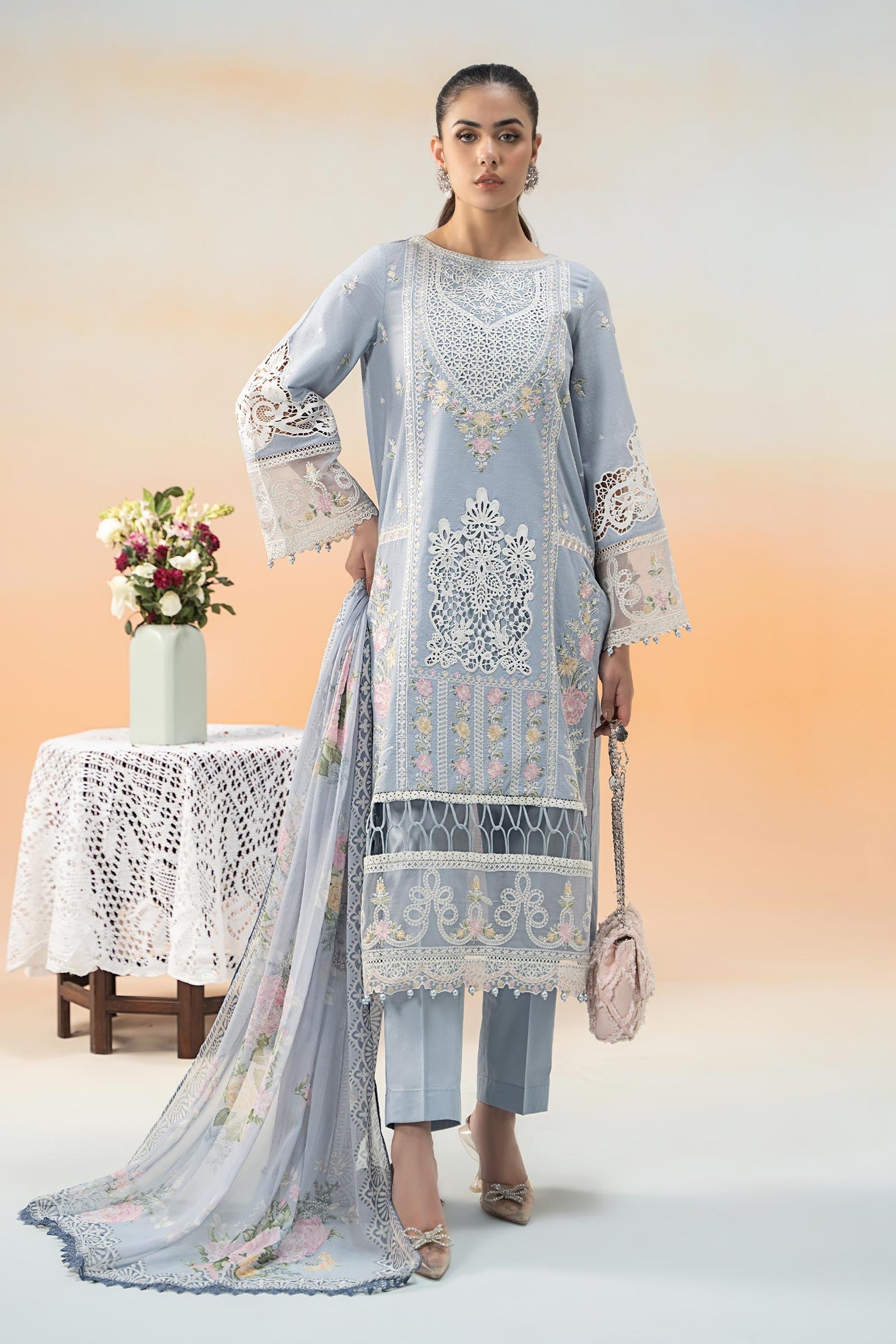 3 Piece Embroidered Dobby Lawn Suit | DW-EF25-35