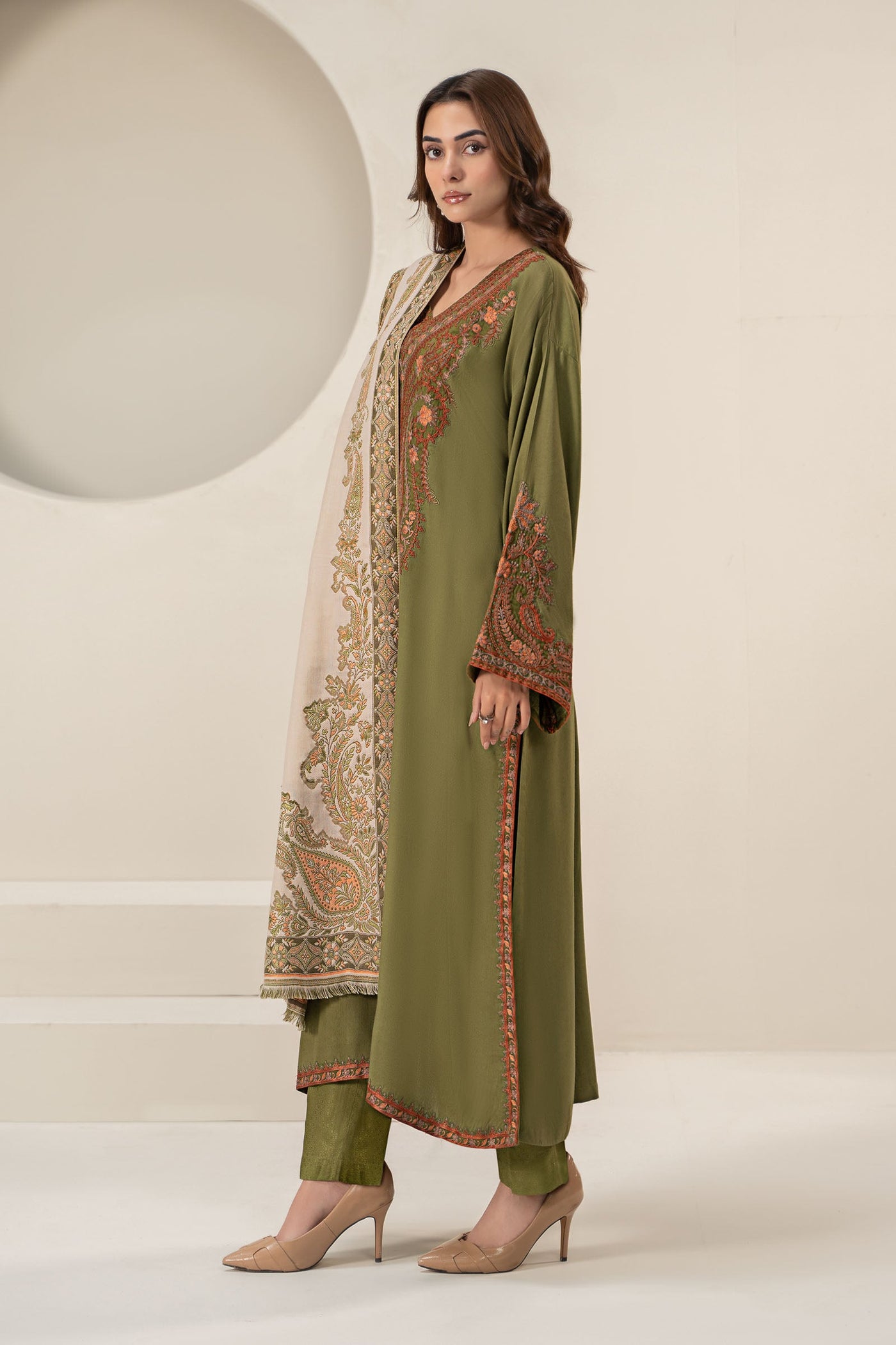 3 Piece Embroidered Linen Suit | DW-W24-100