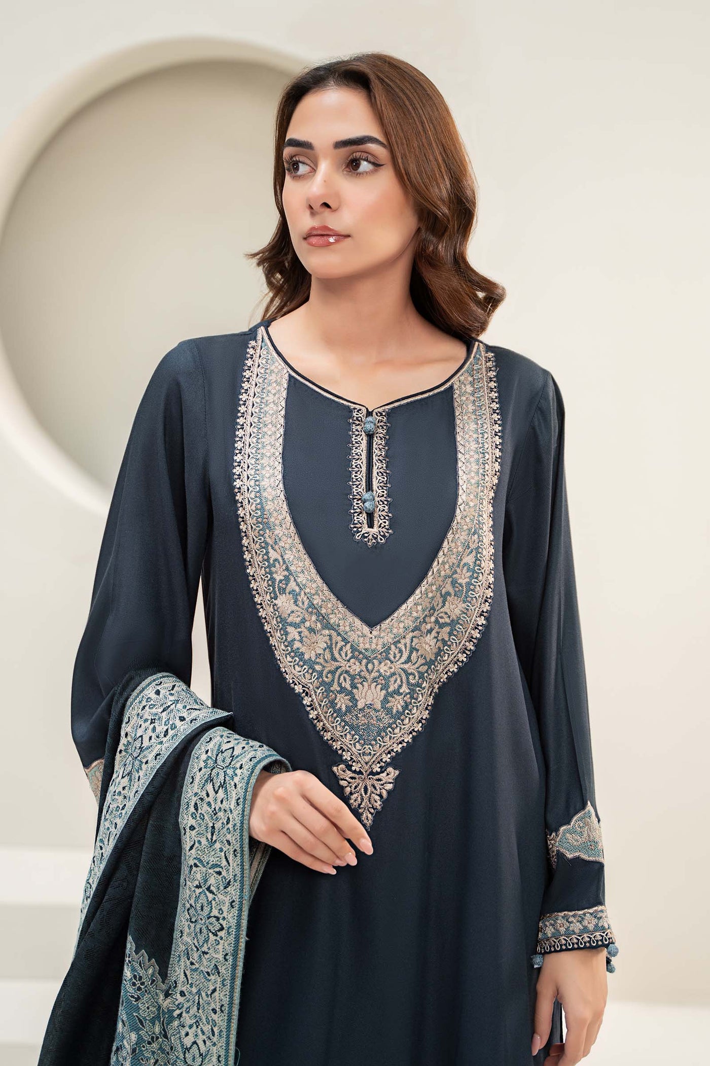 3 Piece Embroidered Linen Suit | DW-W24-102