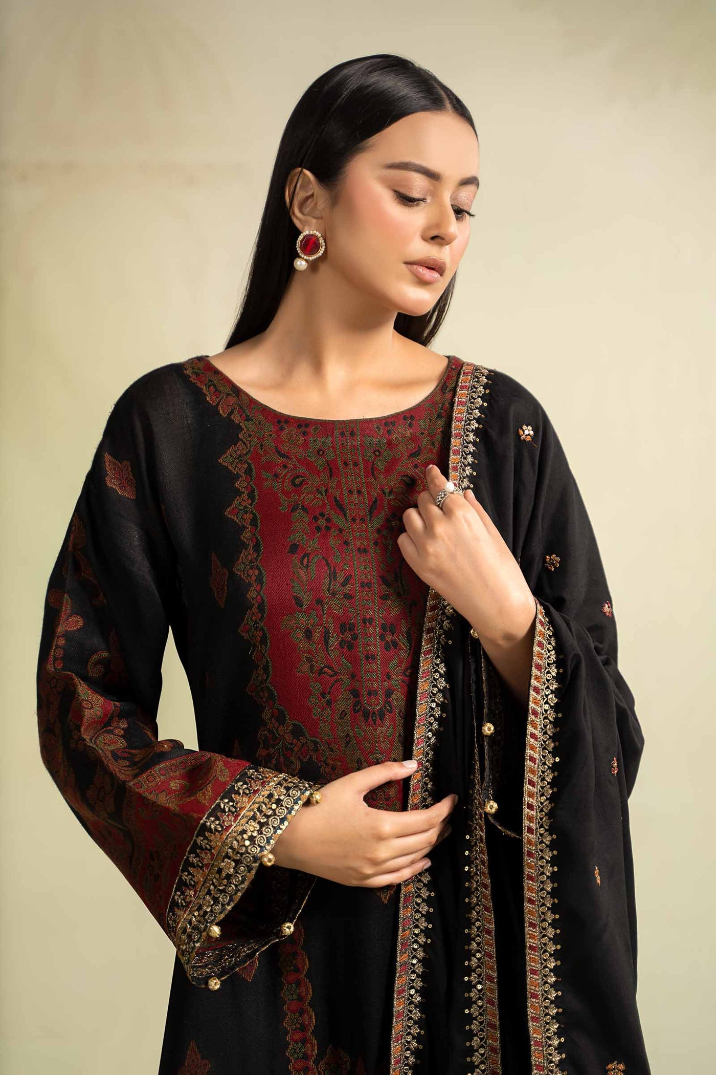 3 Piece Embroidered Woven Khadi Suit | DW-W24-107