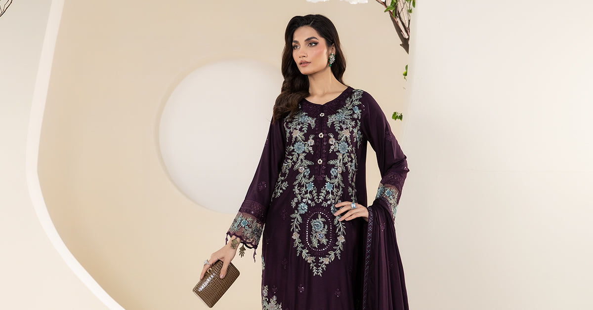 3 Piece Embroidered Linen Suit | DW-W24-20