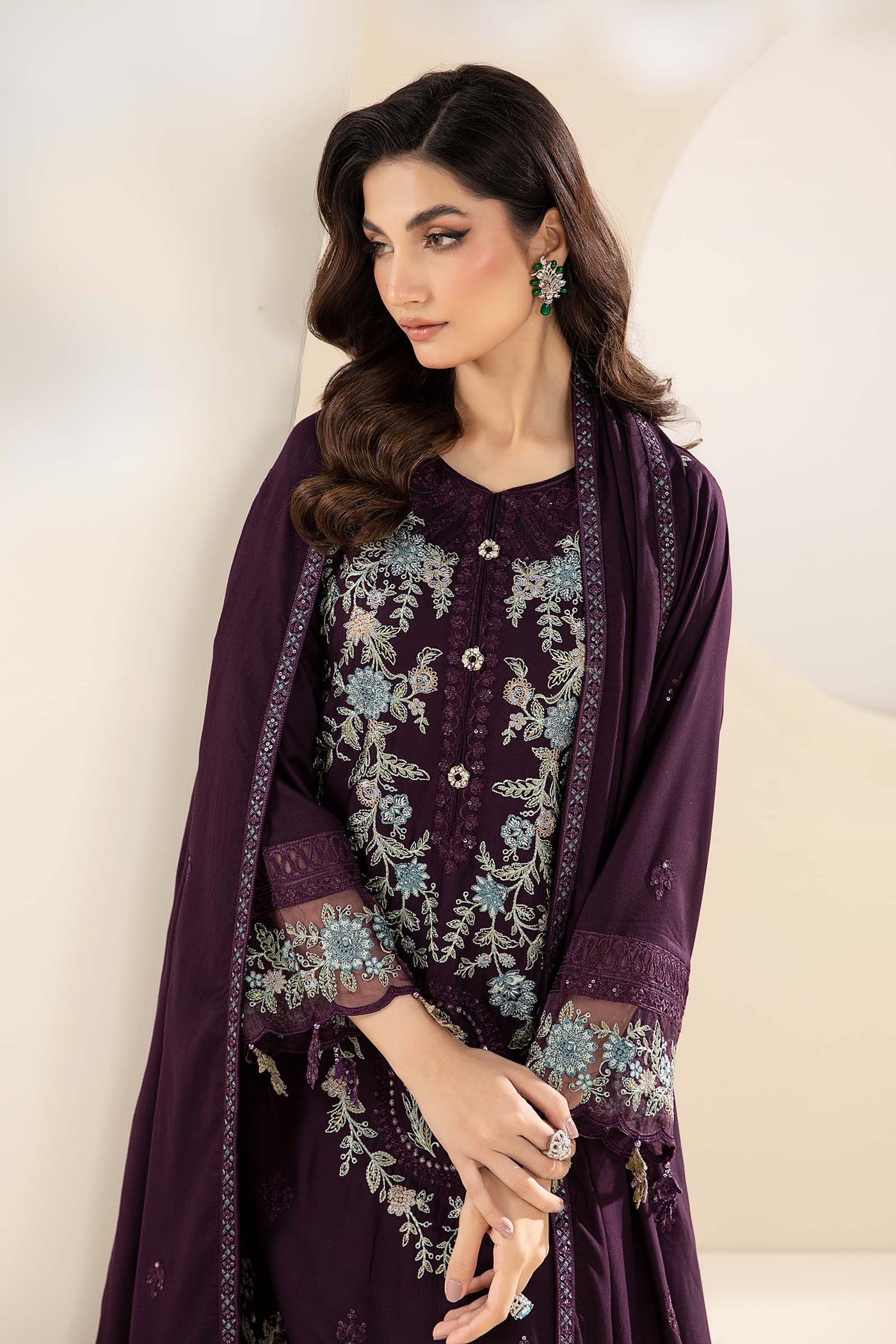 3 Piece Embroidered Linen Suit | DW-W24-20