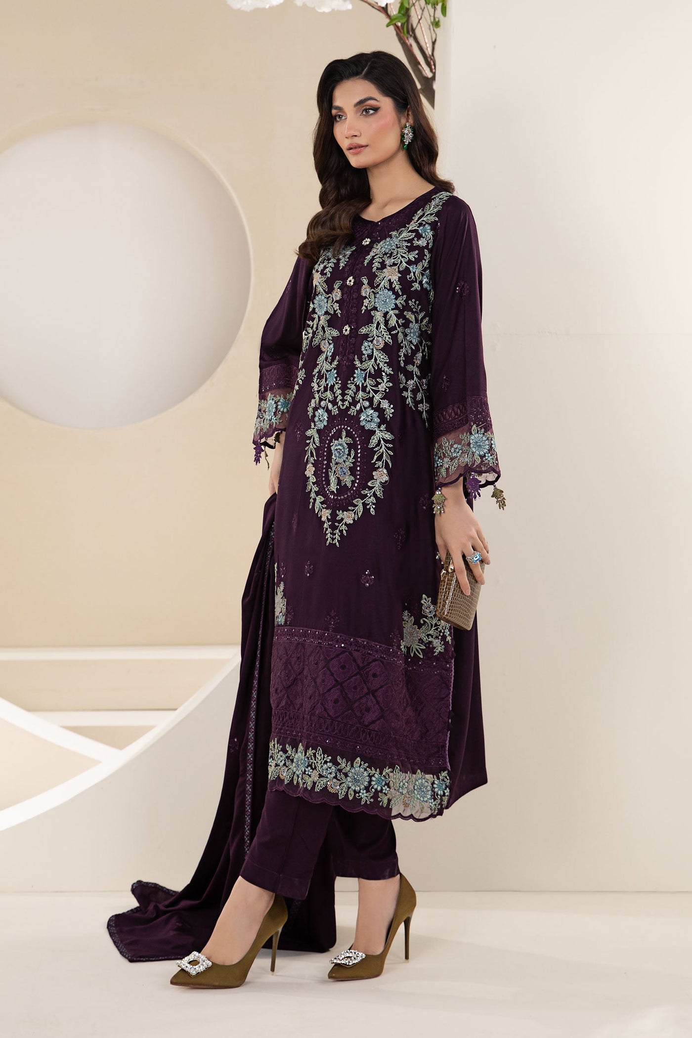 3 Piece Embroidered Linen Suit | DW-W24-20