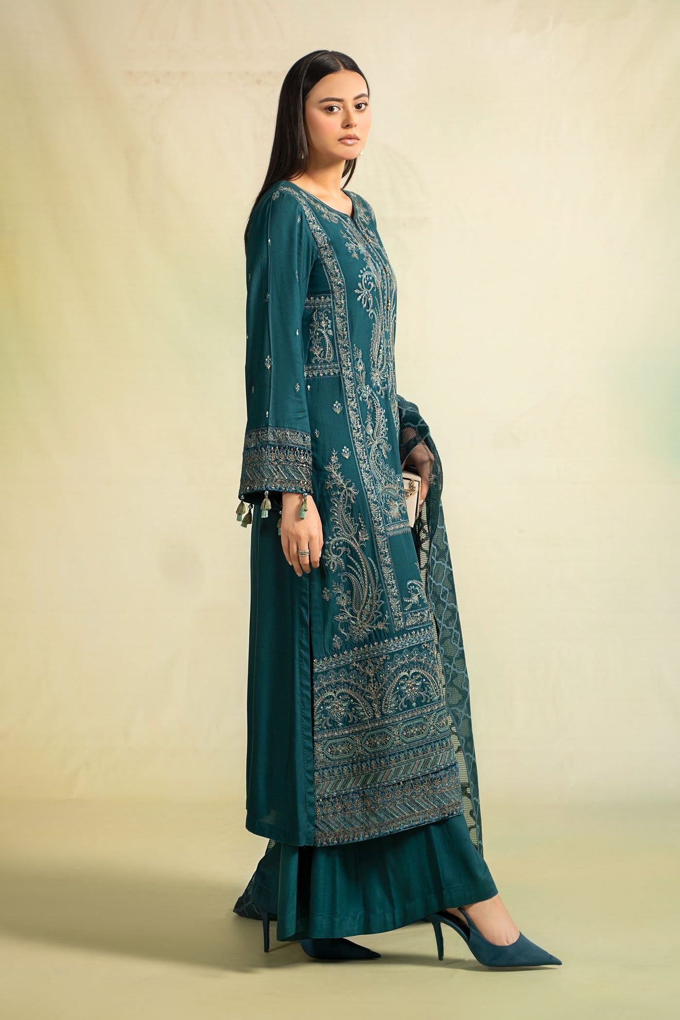 3 Piece Embroidered Linen Suit | DW-W24-22