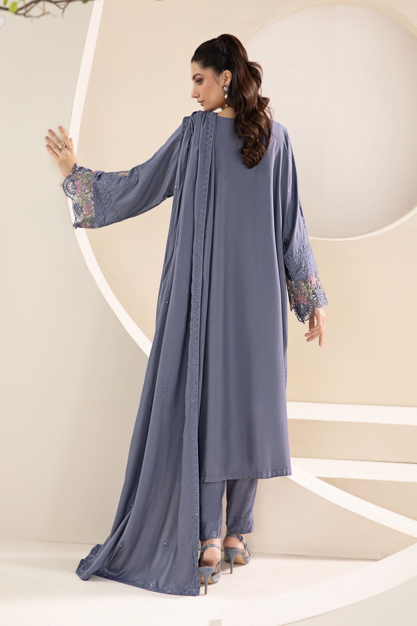 3 Piece Embroidered Linen Suit | DW-W24-65