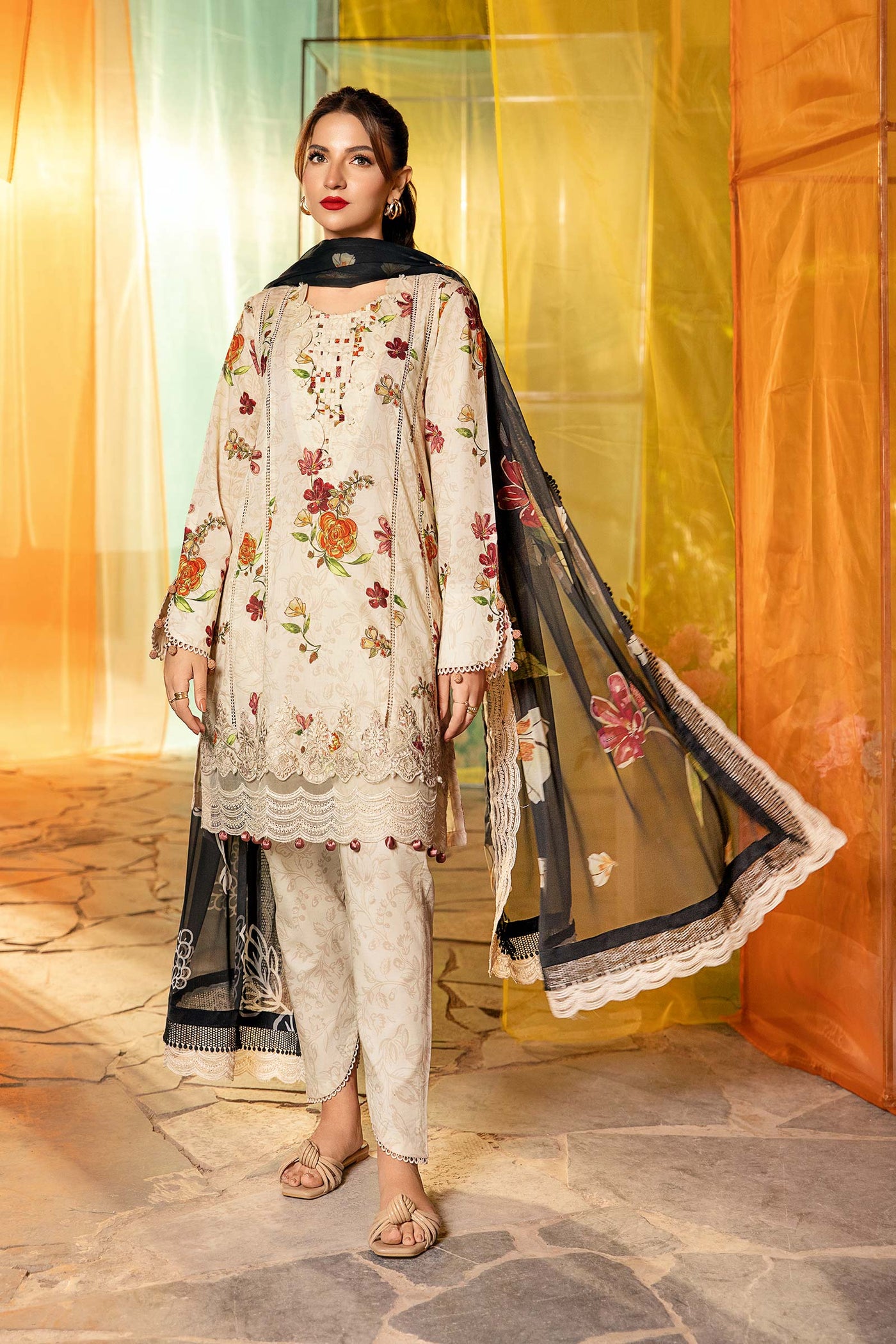 3 Pc Unstitched Embroidered Lawn Suit | MB-CUS25-702B