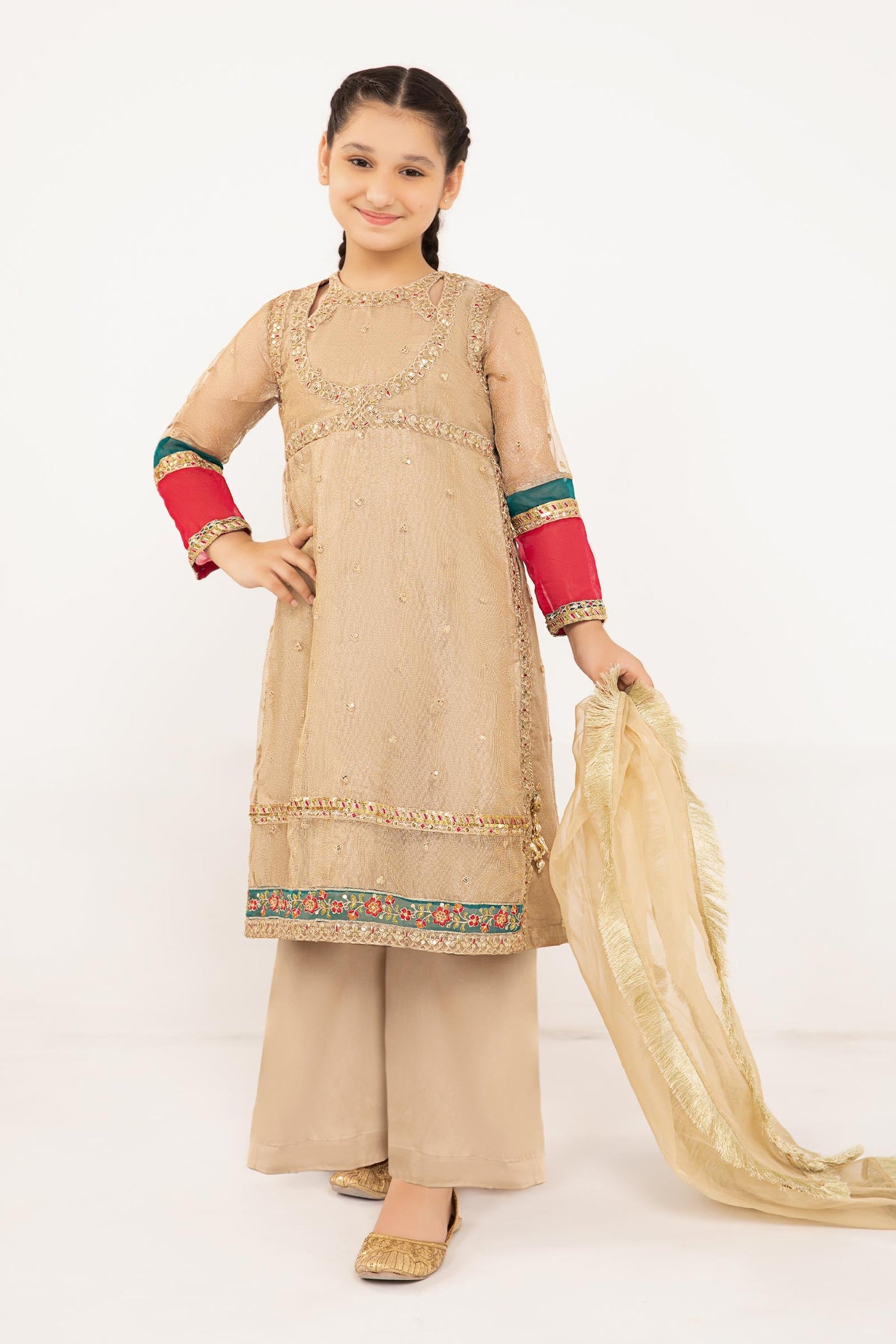 3 Piece Embroidered Zari Net Suit | MKS-PF24-03