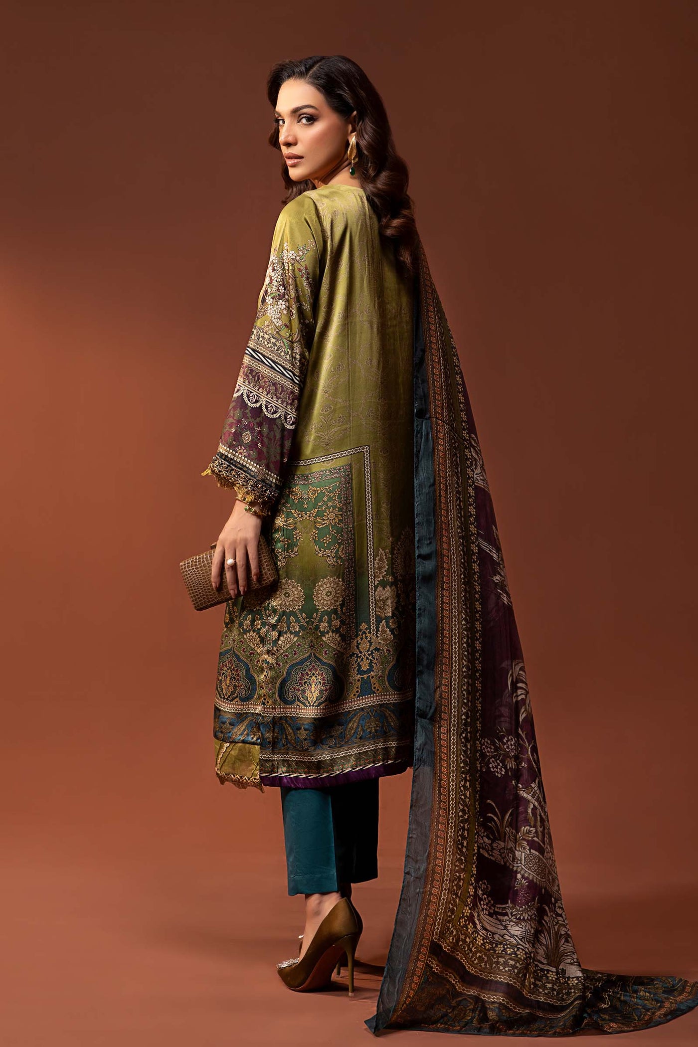 3 Piece Embroidered Pure Charmeuse Silk Suit | MPS-PF24-03