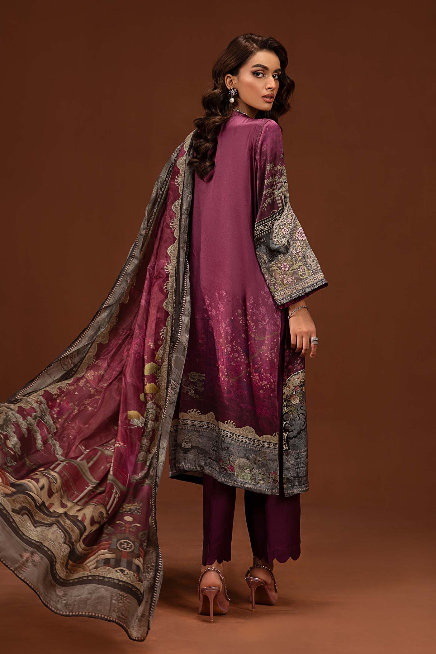 3 Piece Embroidered Pure Charmeuse Silk Suit | MPS-PF24-04