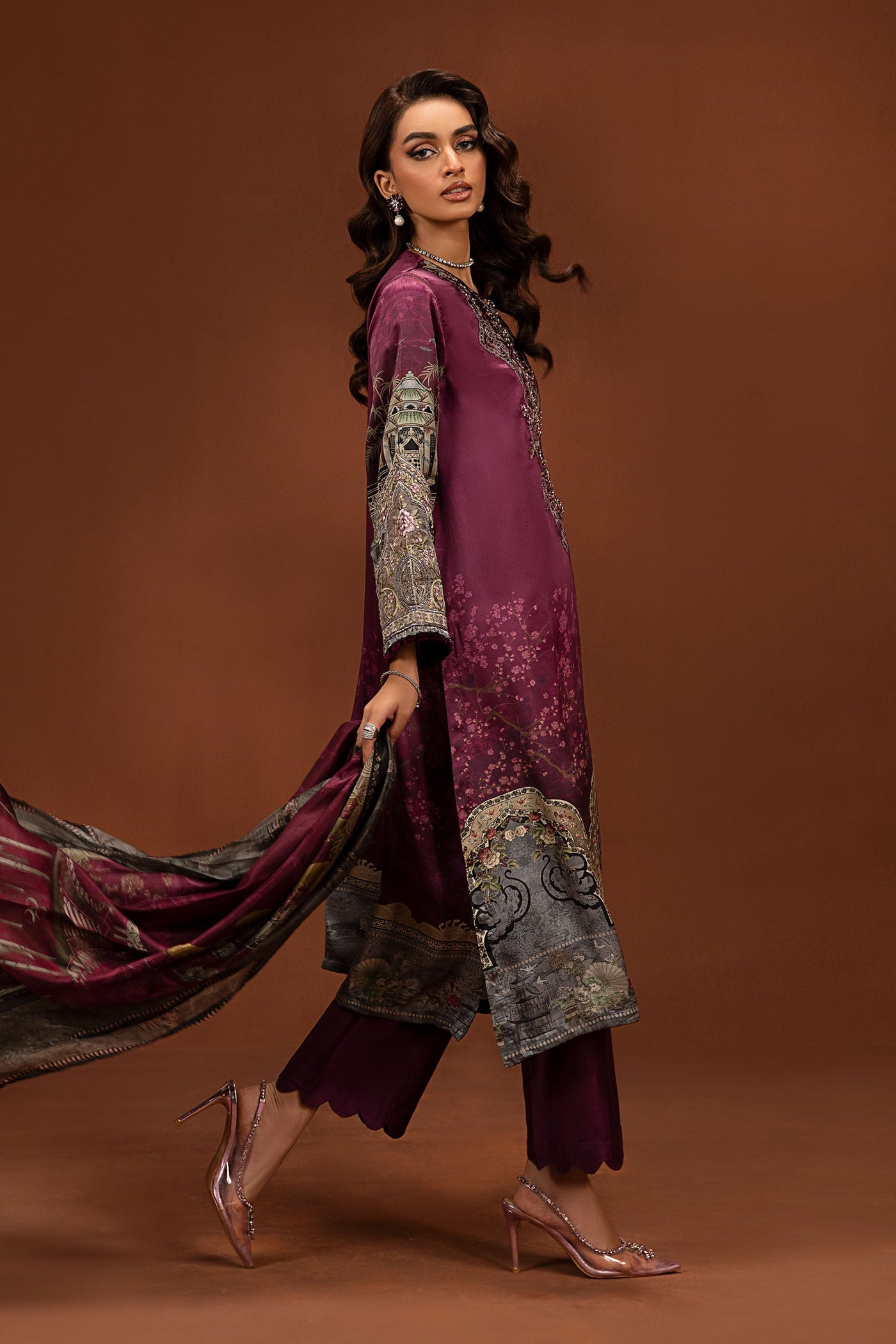 3 Piece Embroidered Pure Charmeuse Silk Suit | MPS-PF24-04