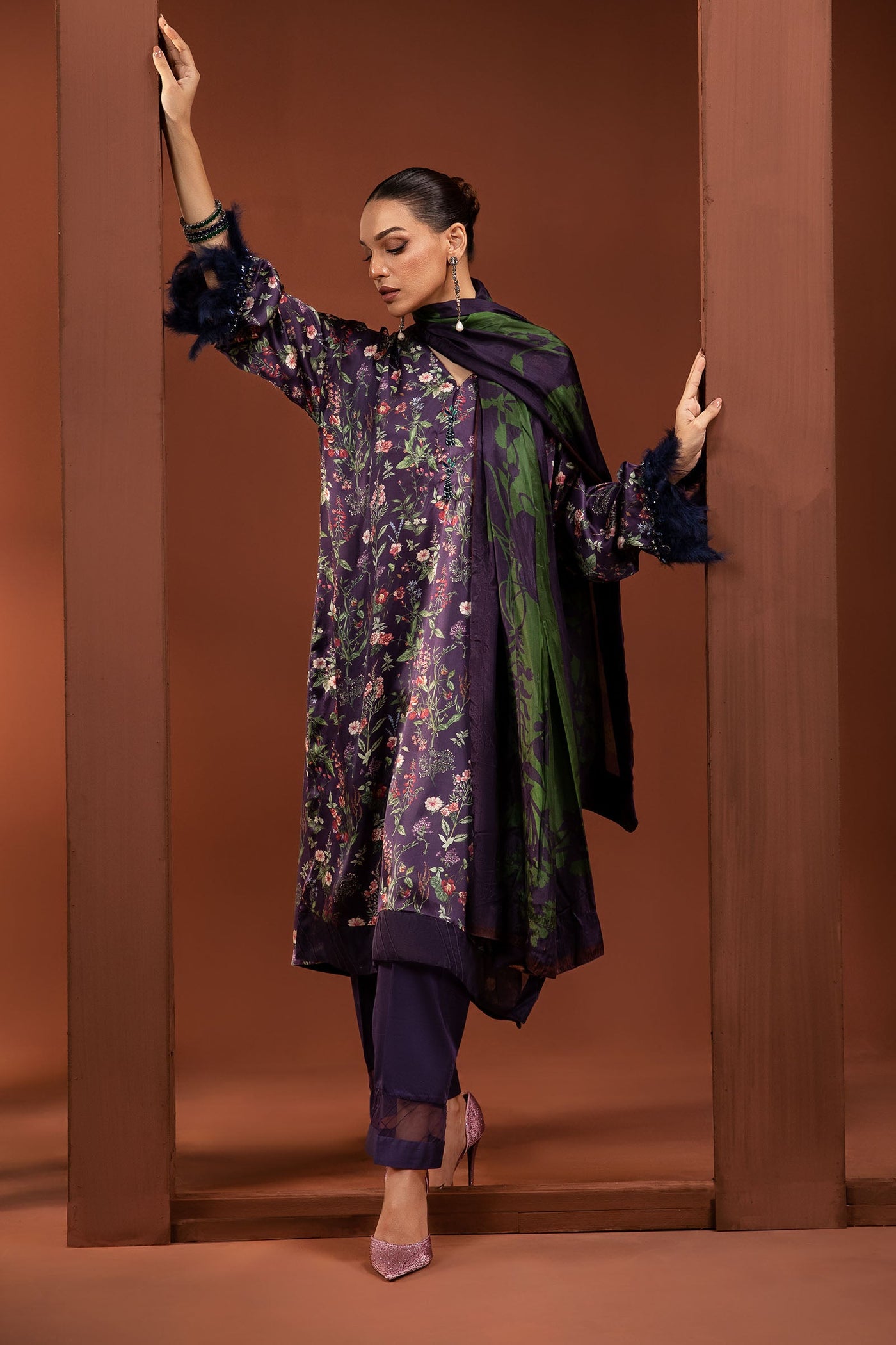 3 Piece Printed Pure Charmeuse Silk Suit | MPS-PF24-05