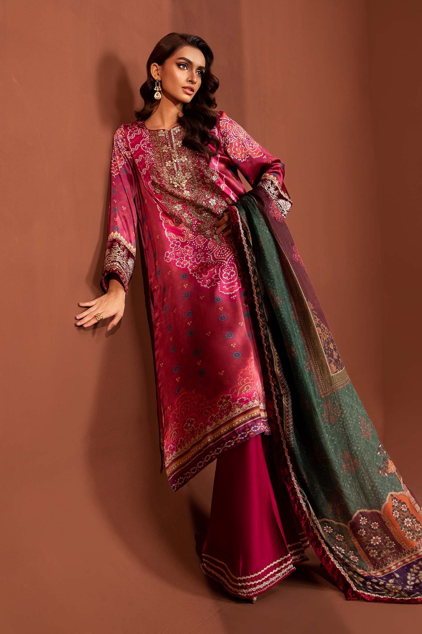 3 Piece Embroidered Pure Charmeuse Silk Suit | MPS-PF24-07