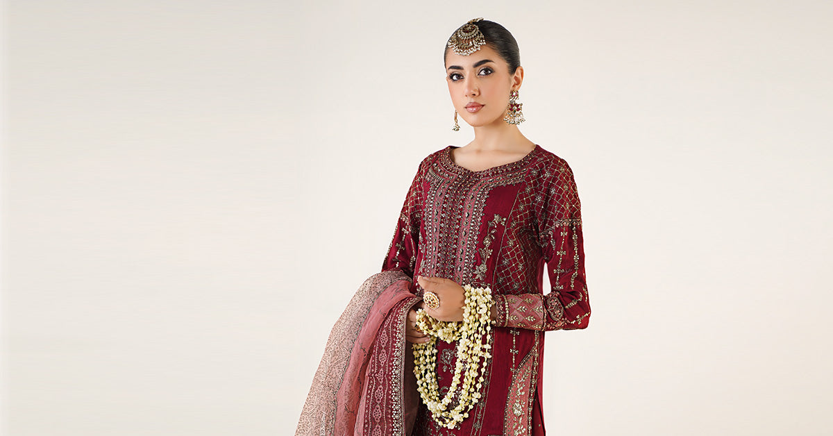 3 Piece Embroidered Raw Silk Suit | SF-EA24-19