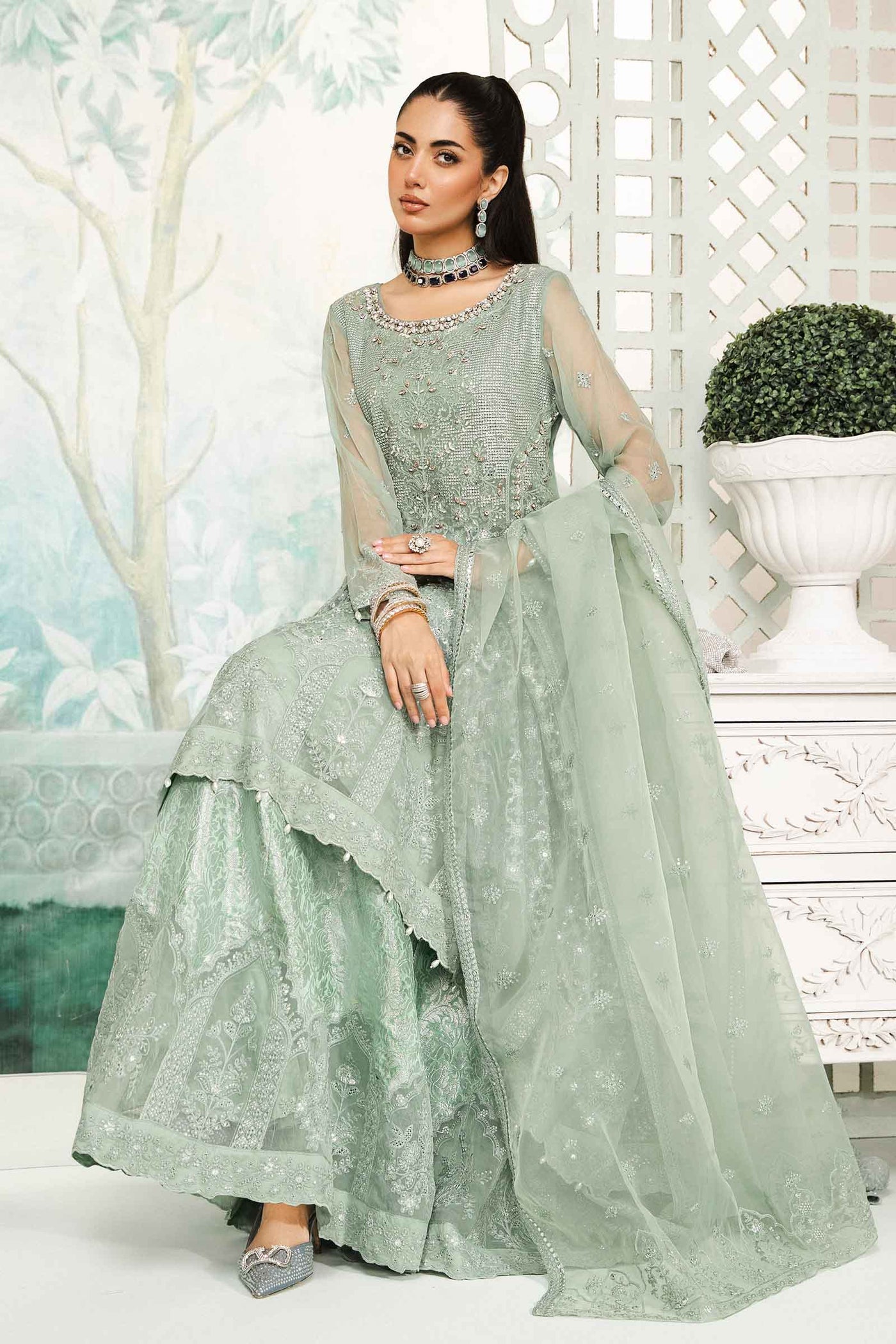 3 Piece Embroidered Bamber Chiffon Suit | SF-EA24-36