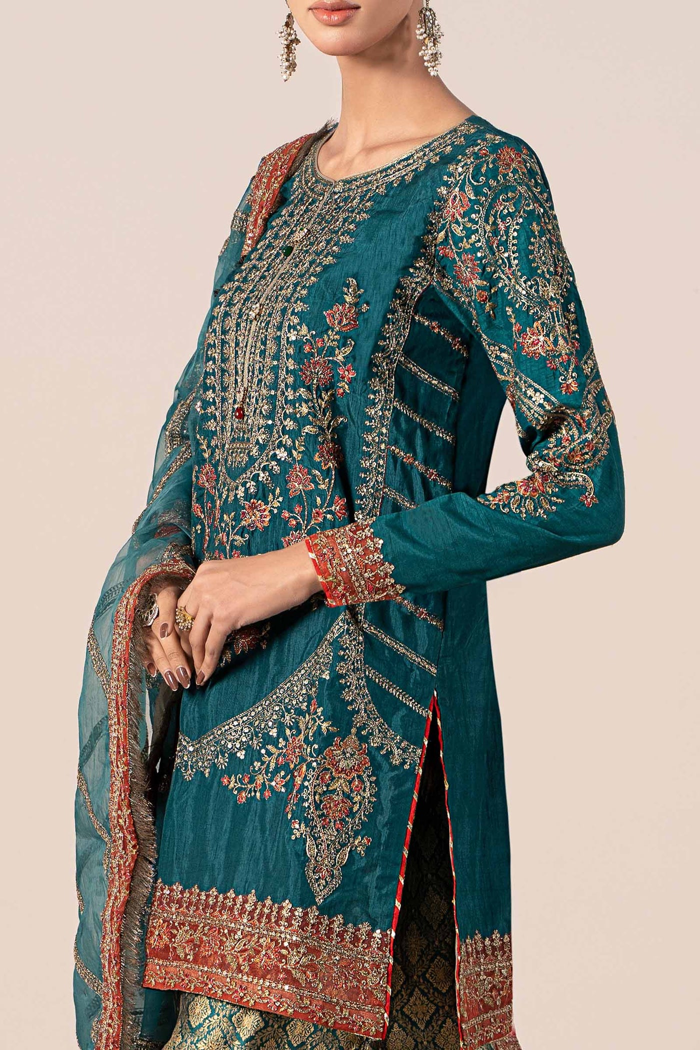 3 Piece Embroidered Raw Silk Suit | SF-W24-25