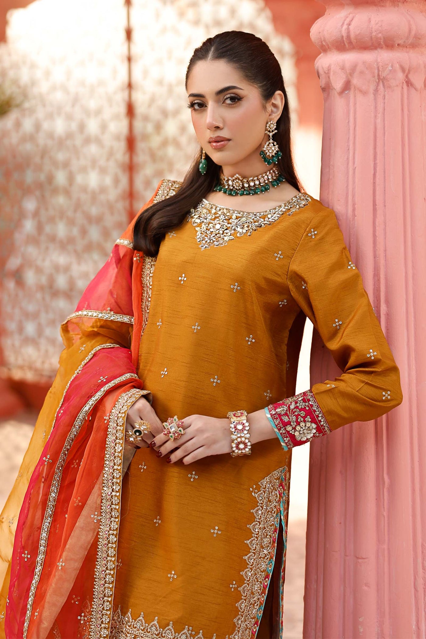 3 Piece Embroidered Raw Silk Suit | SF-EF25-61