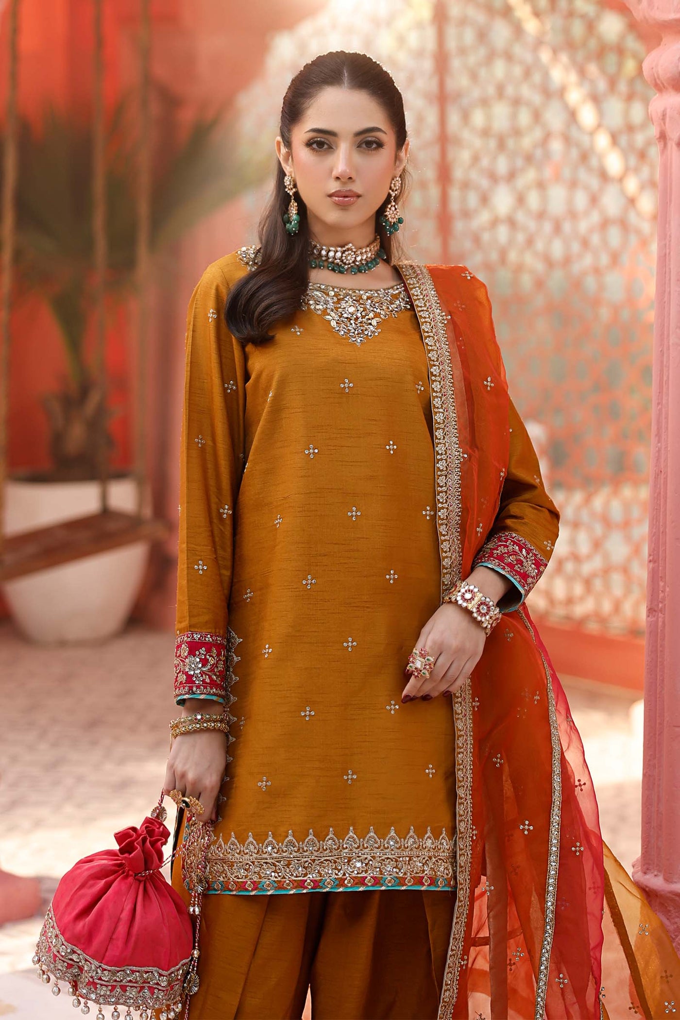 3 Piece Embroidered Raw Silk Suit | SF-EF25-61