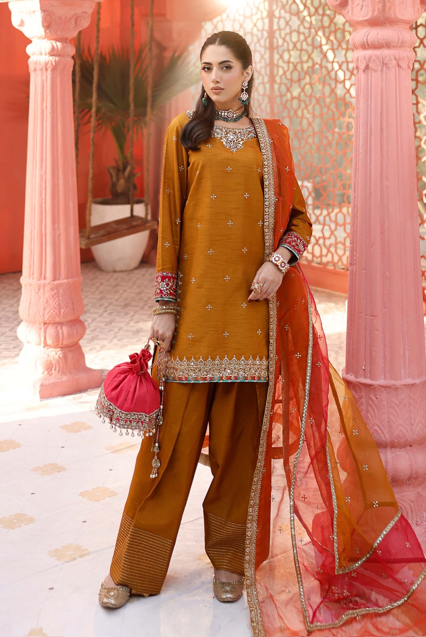 3 Piece Embroidered Raw Silk Suit | SF-EF25-61