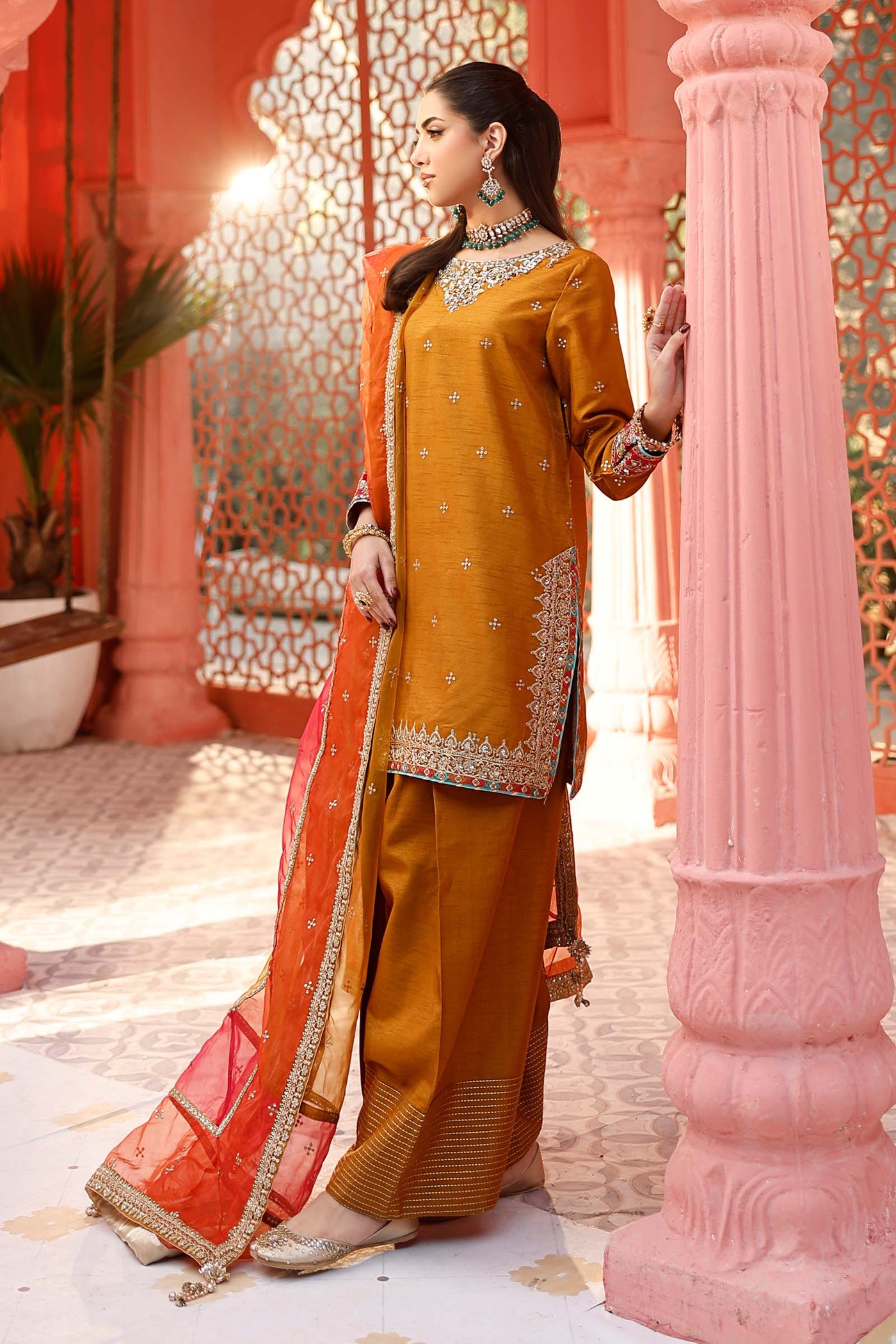 3 Piece Embroidered Raw Silk Suit | SF-EF25-61