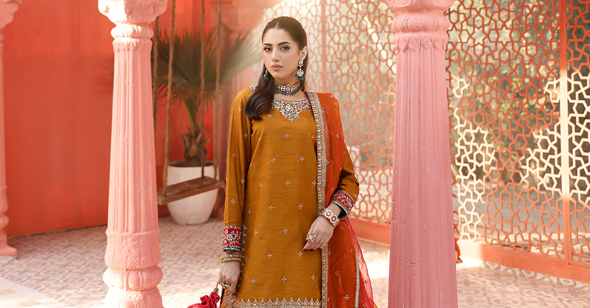 3 Piece Embroidered Raw Silk Suit | SF-EF25-61