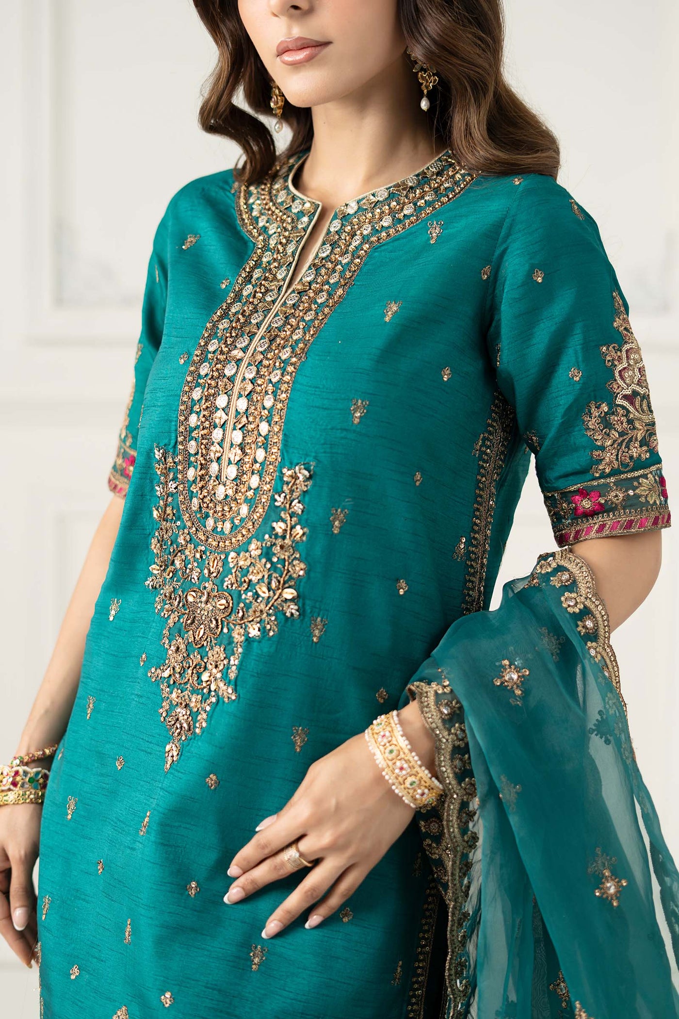 3 Piece Embroidered Raw Silk Suit | SF-EF25-63