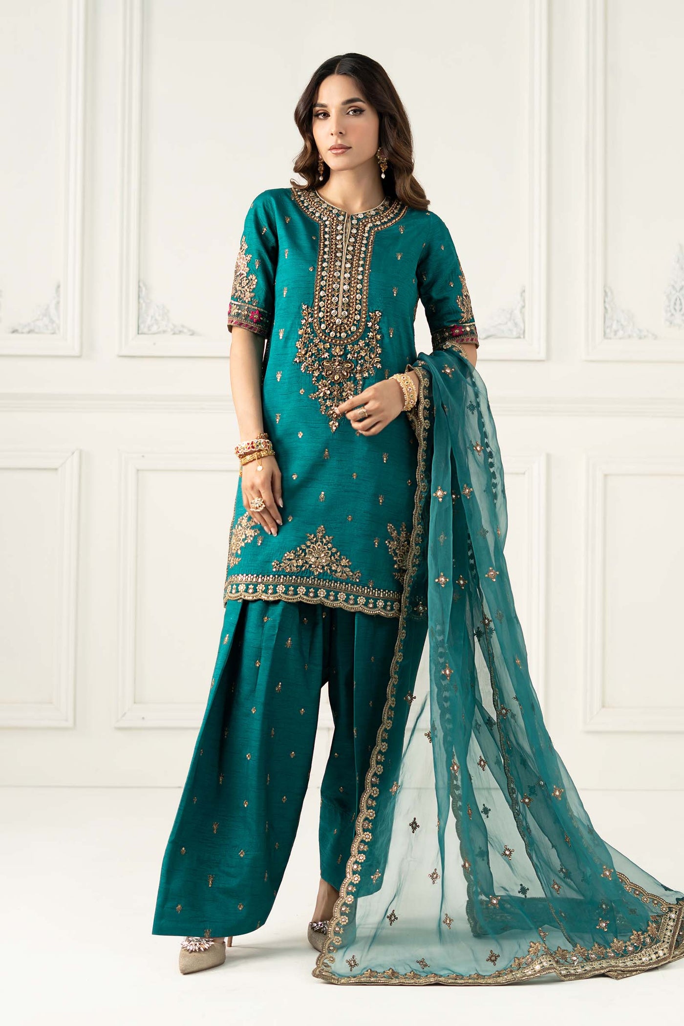 3 Piece Embroidered Raw Silk Suit | SF-EF25-63