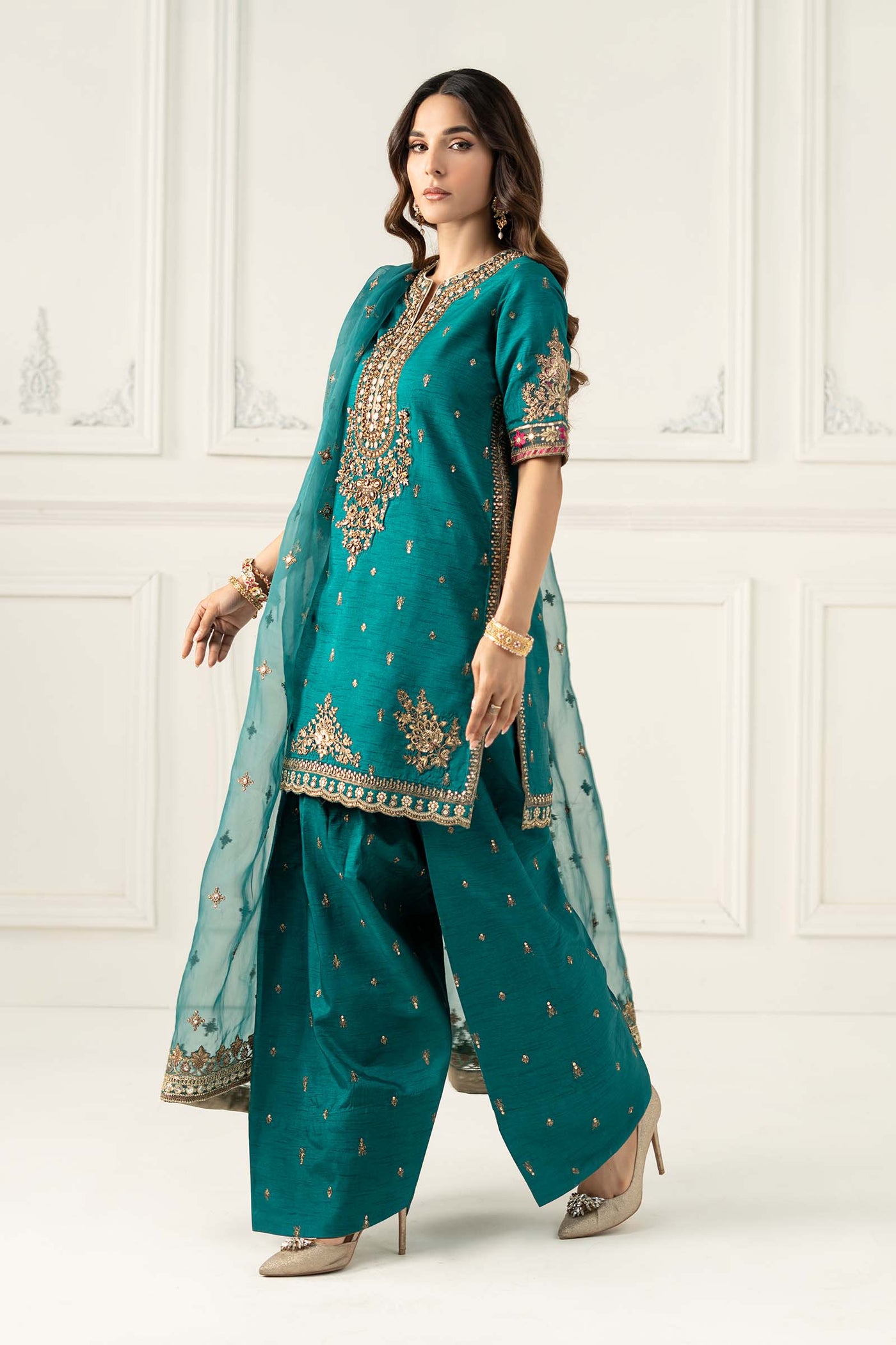 3 Piece Embroidered Raw Silk Suit | SF-EF25-63