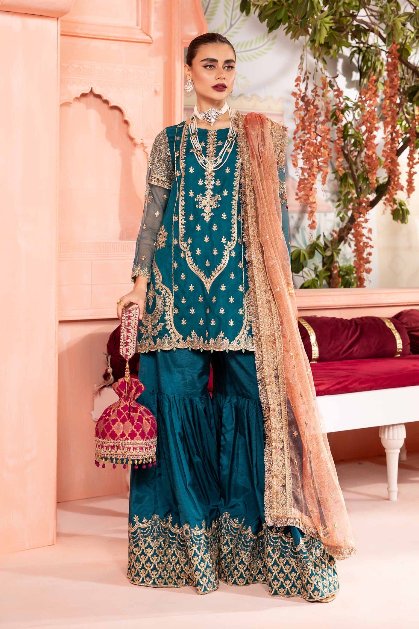 3 Piece Embroidered Bamber Raw Silk Suit | SF-PF24-04